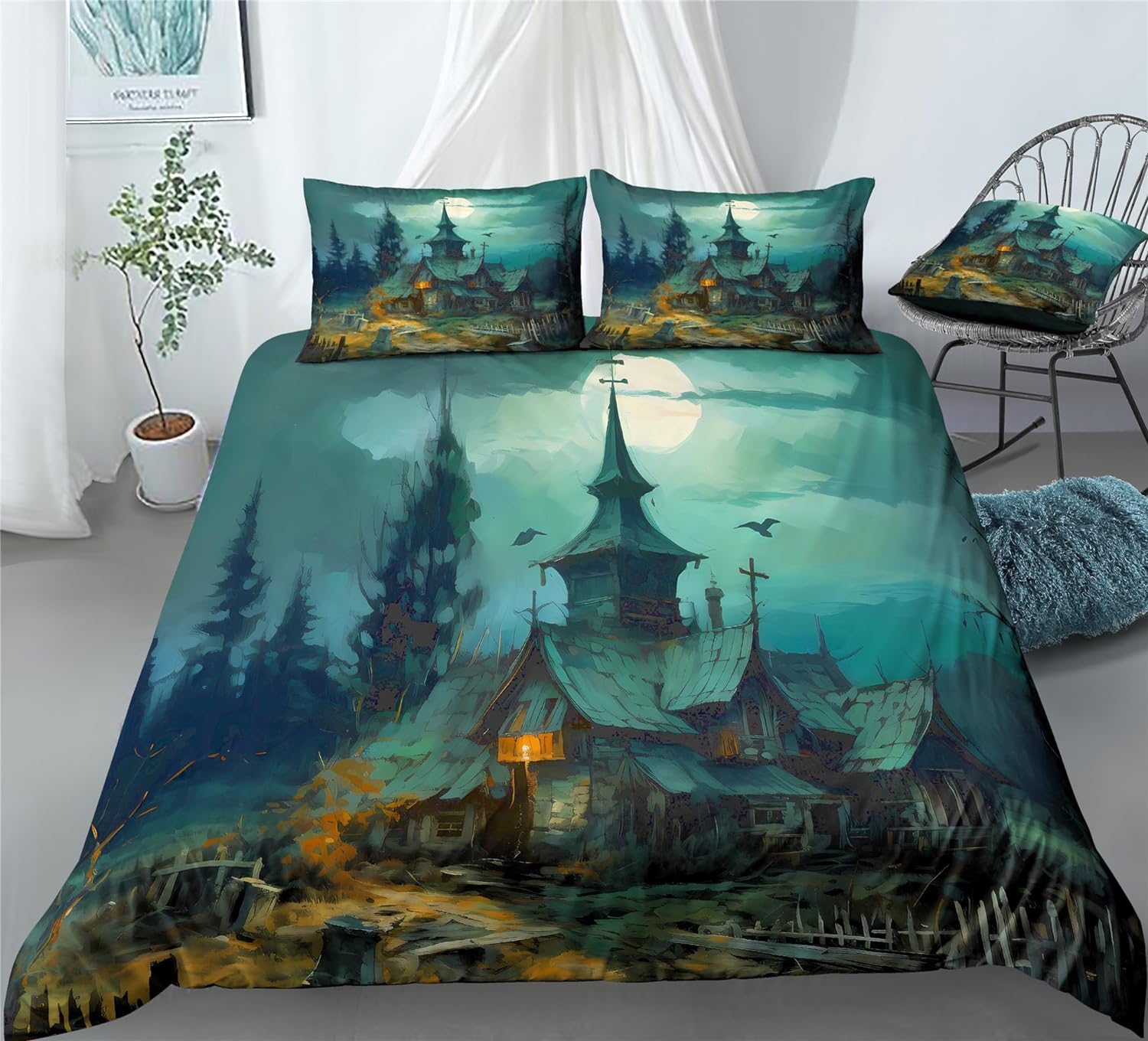 REALIN Moonlight Haunted House Duvet Cover Set Horror Haunted House Bedding Girl Boy Kids Bed Sets 2/3/4PCS Quilt Covers/Sheets/Pillow Shams,Twin/Full/Queen/King (A,Twin-172x218cm-3PCS)