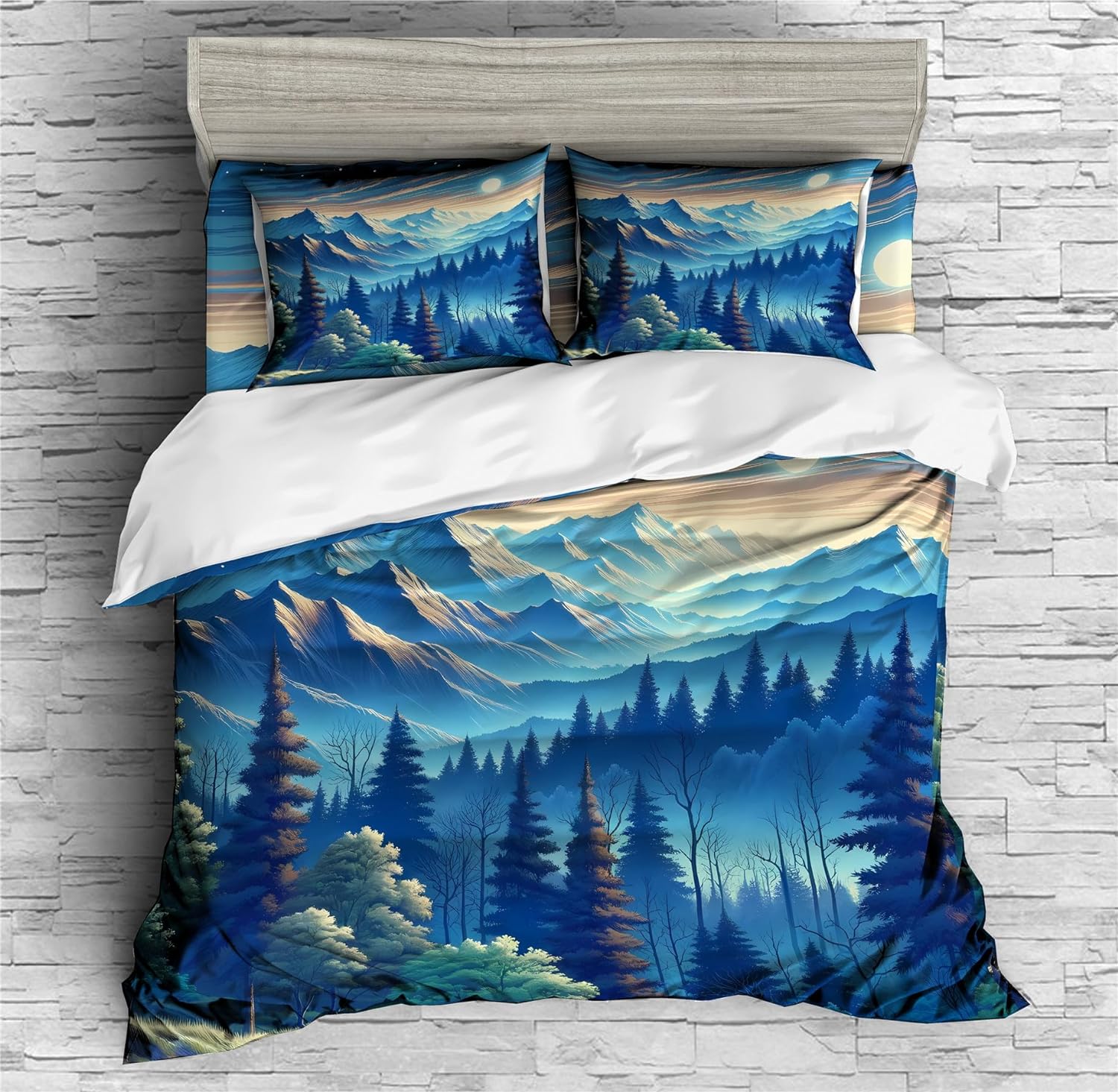 REALIN Mountain Forest Natural Scenery Duvet Cover Set Mountain Sunset Bedding Girl Boy Kids Bed Sets 2/3/4PCS Quilt Covers/Sheets/Pillow Shams,Twin/Full/Queen/King (A,Queen-228x228cm-4PCS)