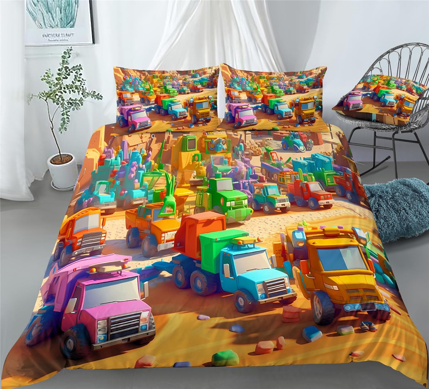 REALIN Cartoon Toys Engineering Vehicles Duvet Cover Set Excavator Bedding Girl Boy Kids Bed Sets 2/3/4PCS Quilt Covers/Sheets/Pillow Shams,Twin/Full/Queen/King (A,Queen-228x228cm-4PCS)