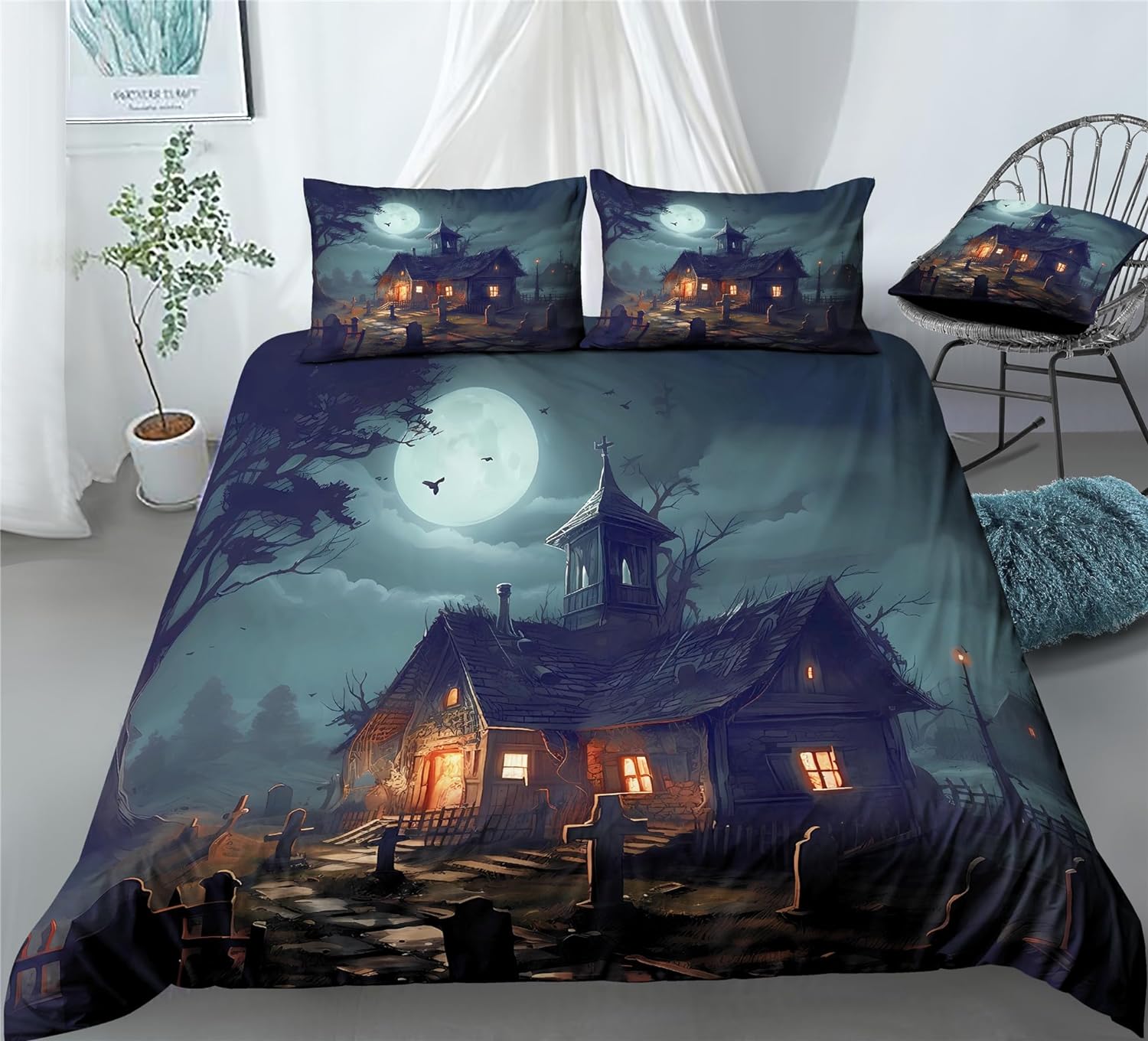 REALIN Haunted House Bedding Halloween Scary Tombstone Duvet Cover Set Girl Boy Kids Bed Sets 2/3/4PCS Quilt Covers/Sheets/Pillow Shams,Twin/Full/Queen/King (B,Full-200x229cm-4PCS)