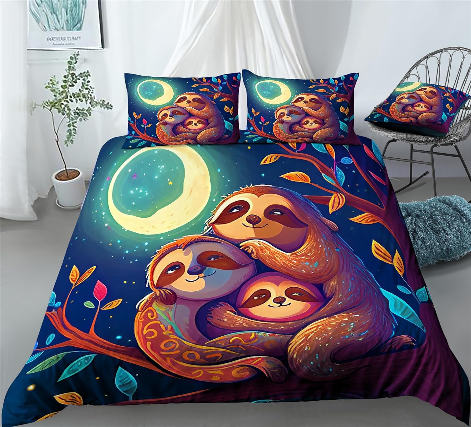 REALIN Sloth Cartoon Animals Bedding Cute Laziness Sloth Duvet Cover Set Girl Boy Kids Bed Sets 2/3/4PCS Quilt Covers/Sheets/Pillow Shams,Twin/Full/Queen/King (A,King-229x259cm-3PCS)