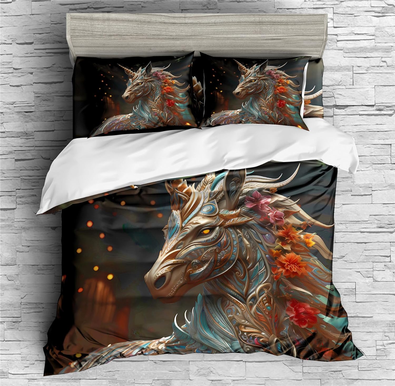 REALIN War-Horse Wild Unicorn Duvet Cover Set Unicorn Wildlife Bedding Girl Boy Kids Bed Sets 2/3/4PCS Quilt Covers/Sheets/Pillow Shams,Twin/Full/Queen/King (A,Twin-172x218cm-4PCS)