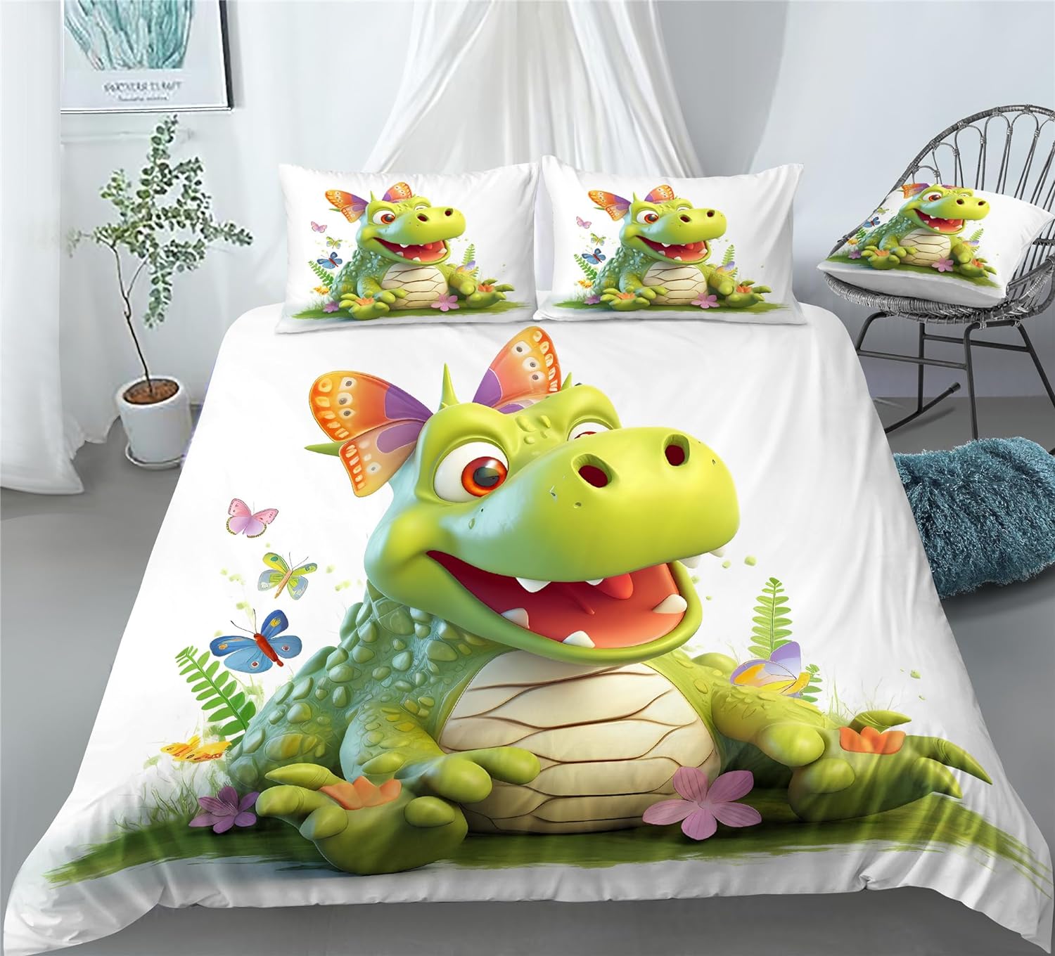 REALIN Crocodile Cartoon Animal Bedding Fierce Alligator Animal Duvet Cover Set Girl Boy Kids Bed Sets 2/3/4PCS Quilt Covers/Sheets/Pillow Shams,Twin/Full/Queen/King (A,Twin-172x218cm-3PCS)