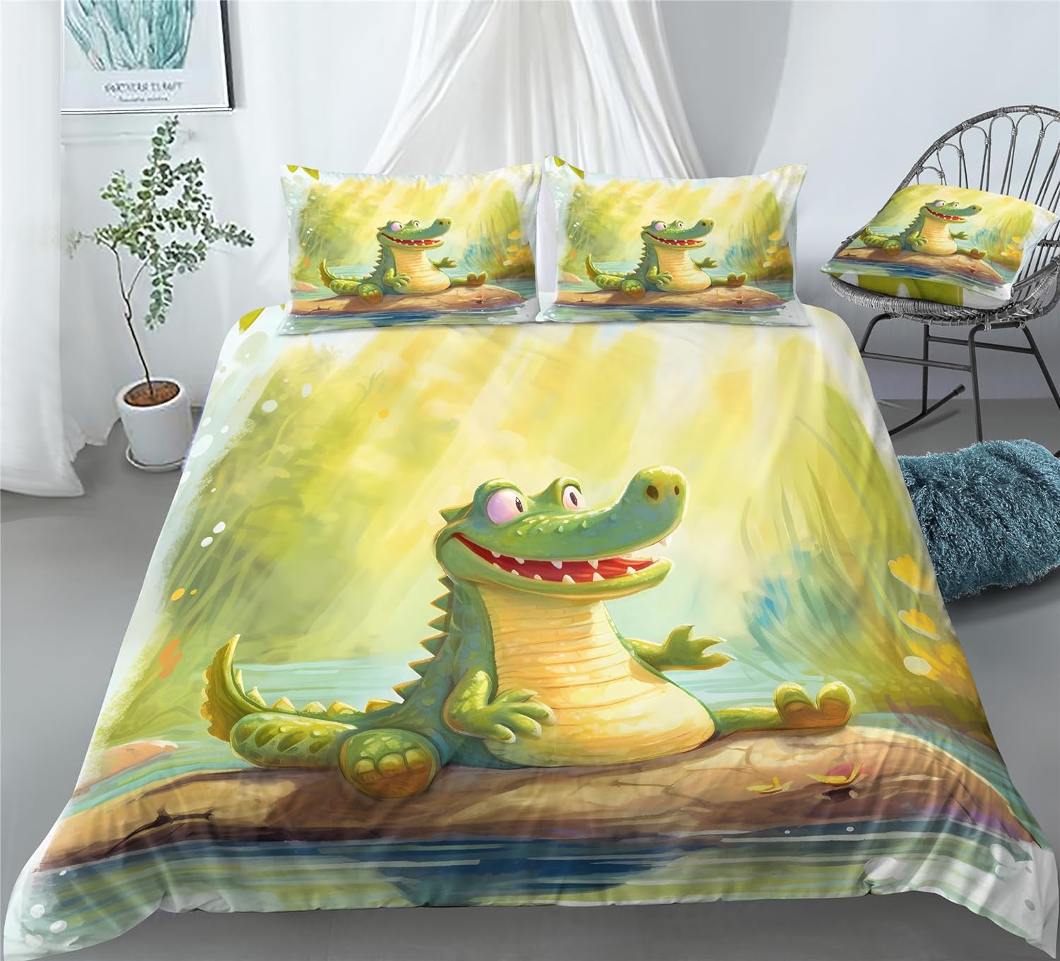 REALIN Cute Baby Crocodile Duvet Cover Set Cartoon Crocodile Wildlife Bedding Girl Boy Kids Bed Sets 2/3/4PCS Quilt Covers/Sheets/Pillow Shams,Twin/Full/Queen/King (B,Twin-172x218cm-3PCS)