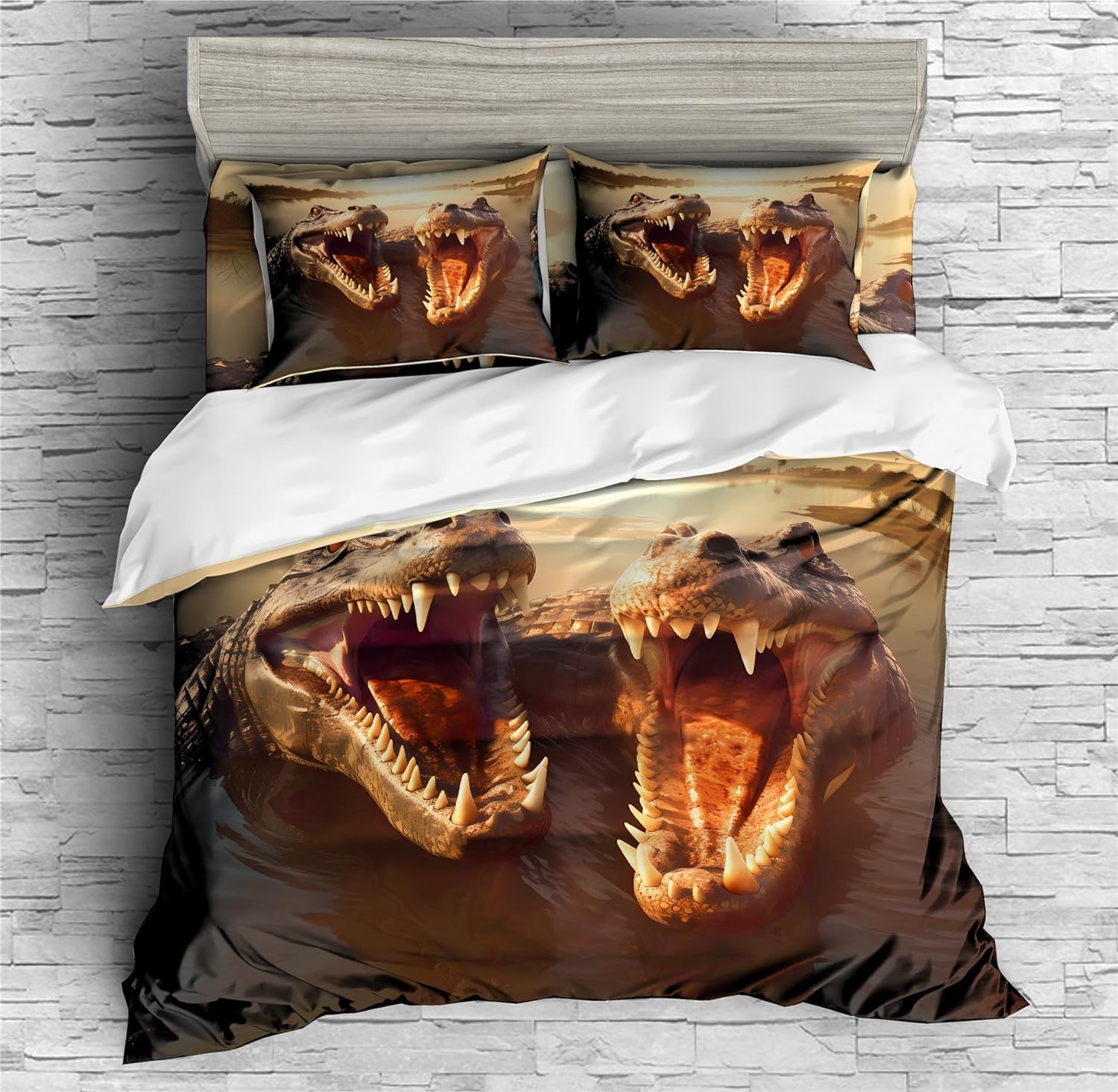 REALIN Retro Hand-Painted Crocodile Animal Bedding Crocodile Duvet Cover Set Girl Boy Kids Bed Sets 2/3/4PCS Quilt Covers/Sheets/Pillow Shams,Twin/Full/Queen/King (B,Twin-172x218cm-3PCS)