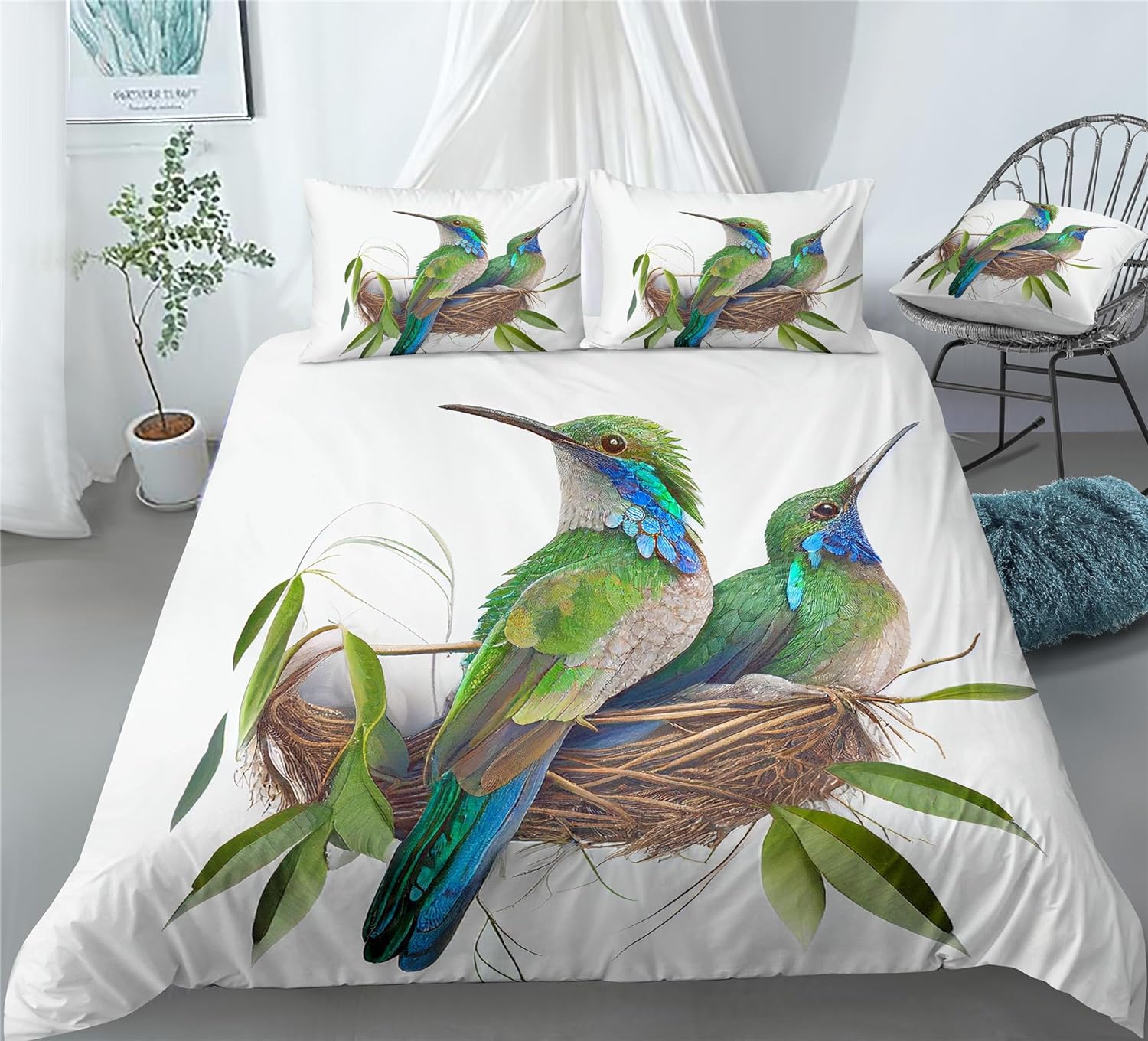 REALIN Greener Hummingbird Bedding Beautiful Hummingbird Duvet Cover Set Girl Boy Kids Bed Sets 2/3/4PCS Quilt Covers/Sheets/Pillow Shams,Twin/Full/Queen/King (A,Full-200x229cm-4PCS)