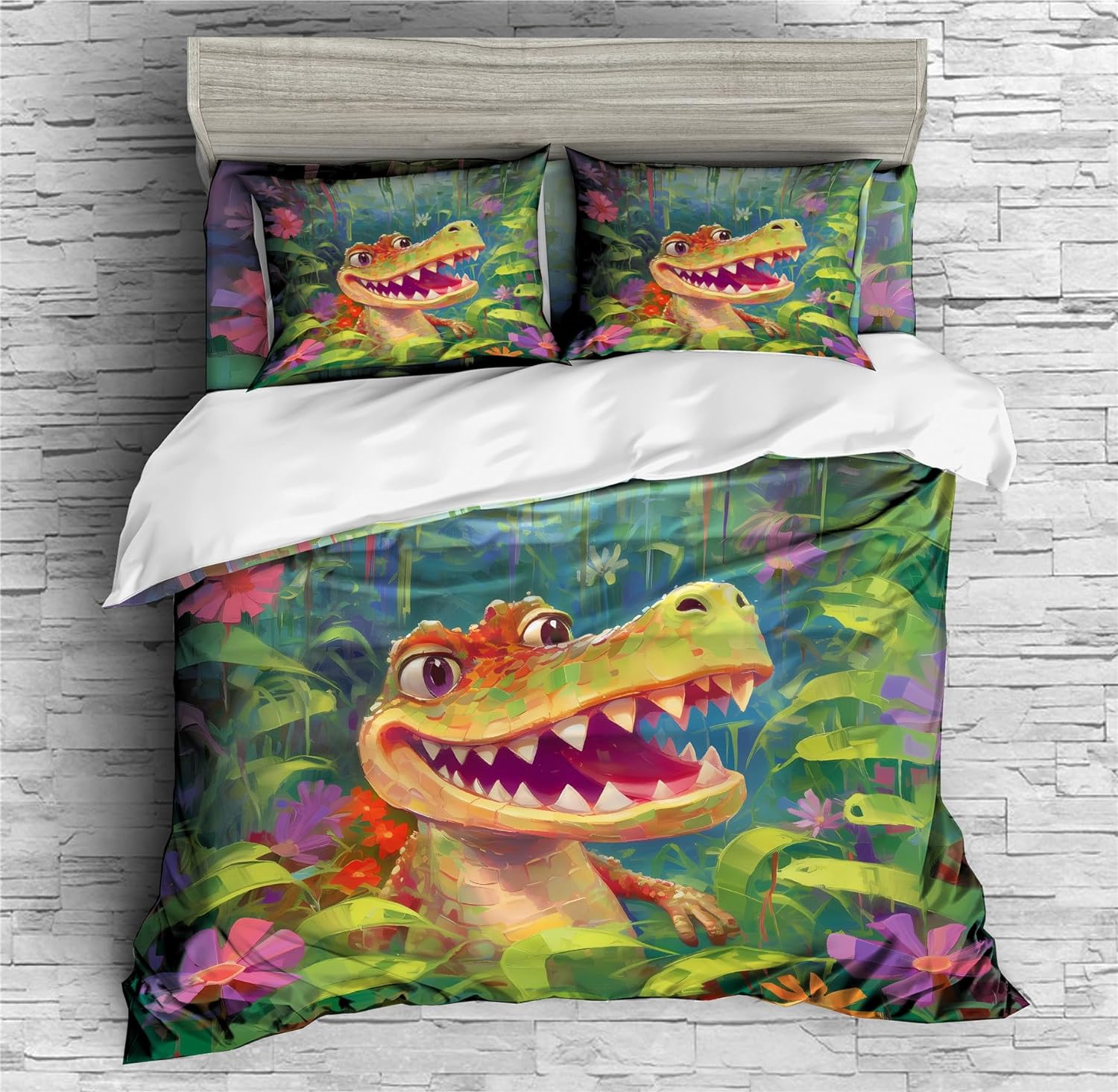 REALIN Cute Crocodile Wildlife Bedding Hand Drawn Crocodile Duvet Cover Set Girl Boy Kids Bed Sets 2/3/4PCS Quilt Covers/Sheets/Pillow Shams,Twin/Full/Queen/King (B,Queen-228x228cm-4PCS)