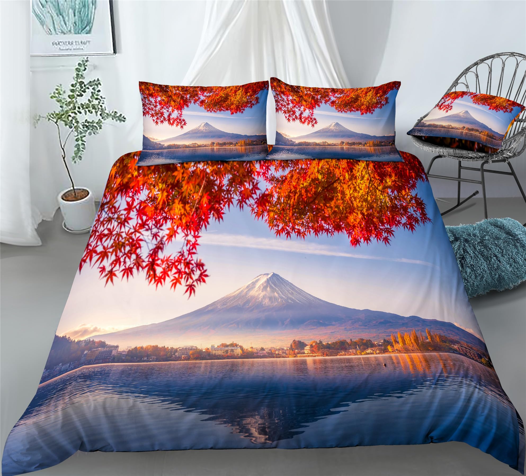 REALIN Autumn Forest Bedding Fall Maple Forest Duvet Cover Set Girl Boy Kids Bed Sets 2/3/4PCS Quilt Covers/Sheets/Pillow Shams,Twin/Full/Queen/King (A,King-229x259cm-3PCS)