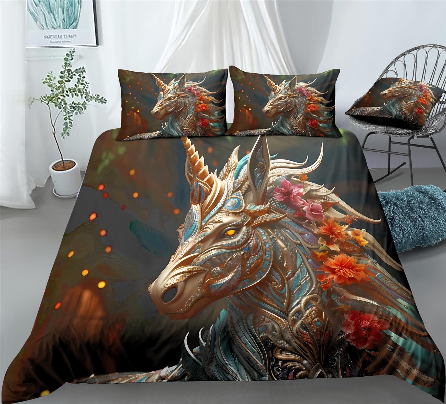 REALIN War-Horse Wild Unicorn Bedding Unicorn Wildlife Duvet Cover Set Girl Boy Kids Bed Sets 2/3/4PCS Quilt Covers/Sheets/Pillow Shams,Twin/Full/Queen/King (A,Queen-228x228cm-3PCS)