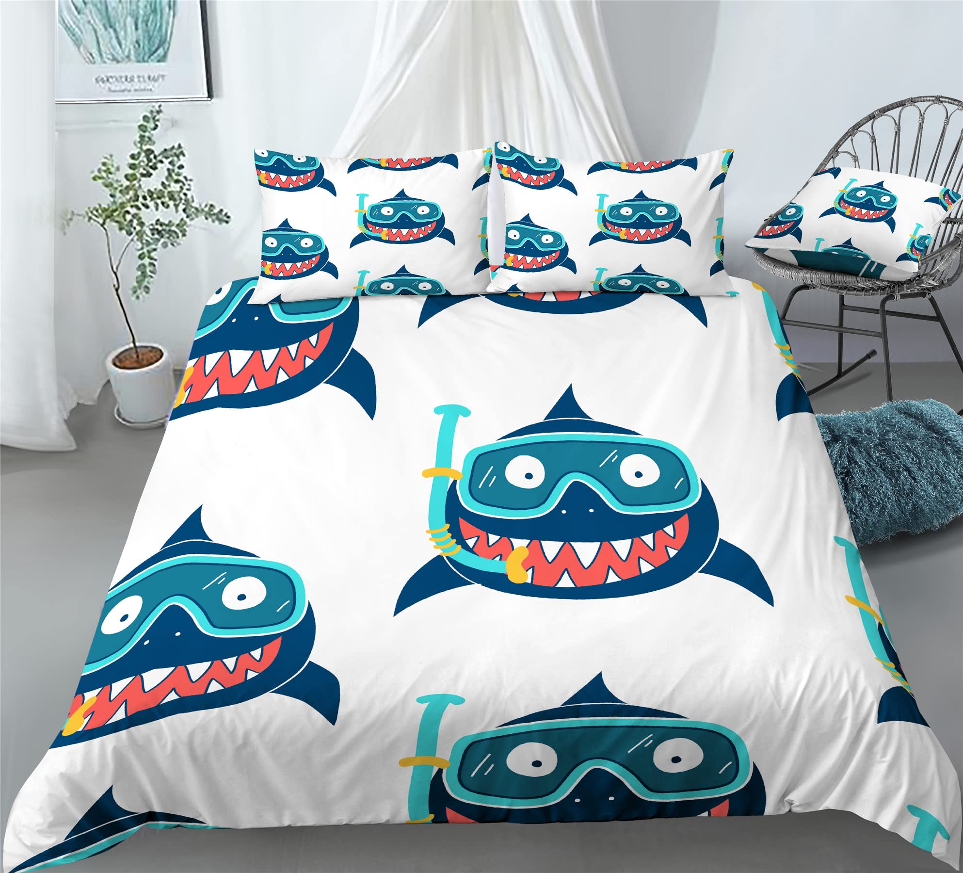 REALIN Sharks Duvet Cover Set Cute Shark Decoration Cartoon Shark Bedding Girl Boy Kids Bed Sets 2/3/4PCS Quilt Covers/Sheets/Pillow Shams,Twin/Full/Queen/King (A,Queen-228x228cm-3PCS)