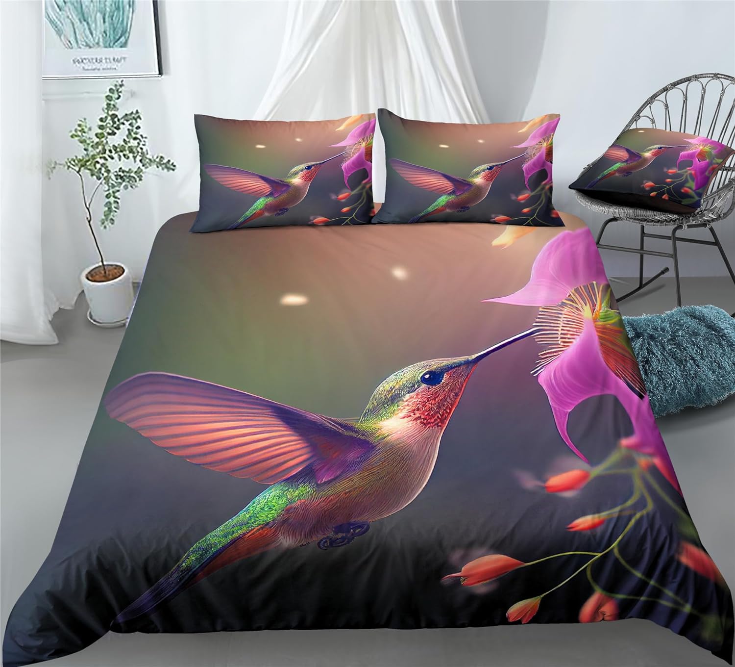 REALIN Greener Hummingbird Bedding Beautiful Hummingbird Duvet Cover Set Girl Boy Kids Bed Sets 2/3/4PCS Quilt Covers/Sheets/Pillow Shams,Twin/Full/Queen/King (A,Full-200x229cm-4PCS)