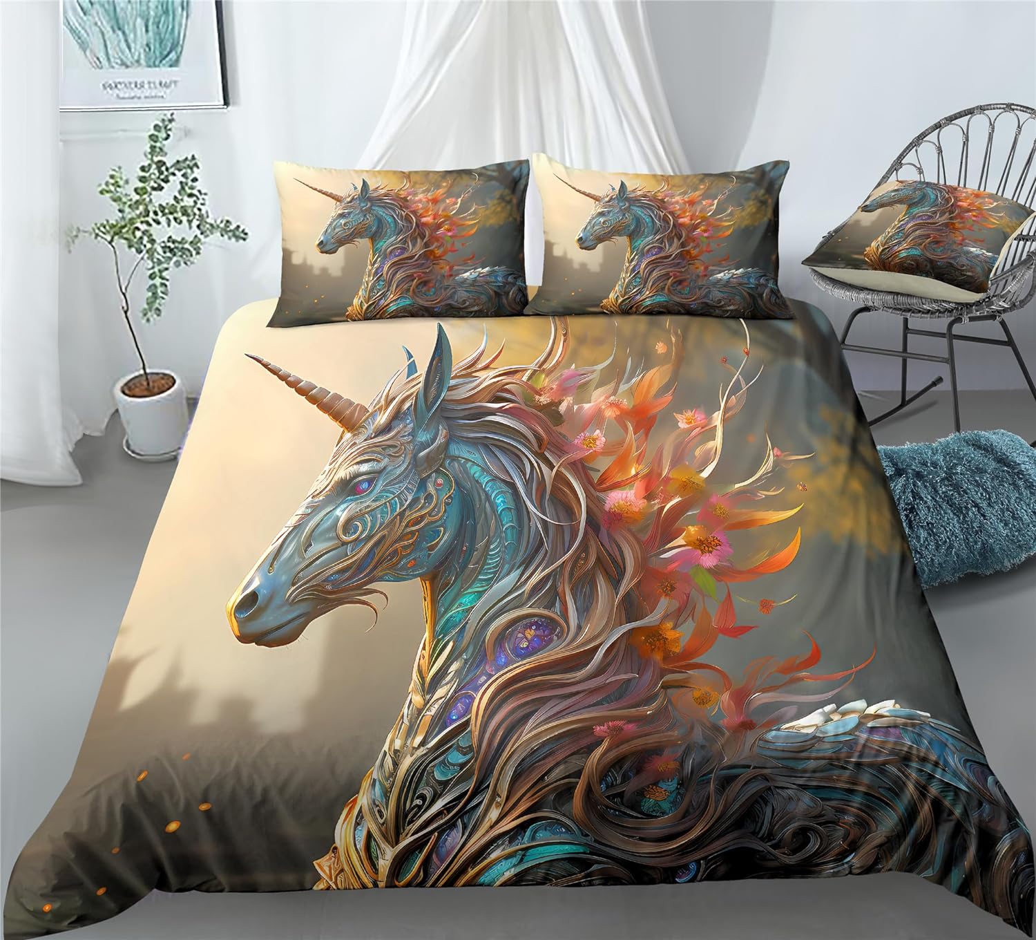 REALIN Unicorn Wildlife Bedding African Style Unicorn Duvet Cover Set Girl Boy Kids Bed Sets 2/3/4PCS Quilt Covers/Sheets/Pillow Shams,Twin/Full/Queen/King (C,Full-200x229cm-3PCS)