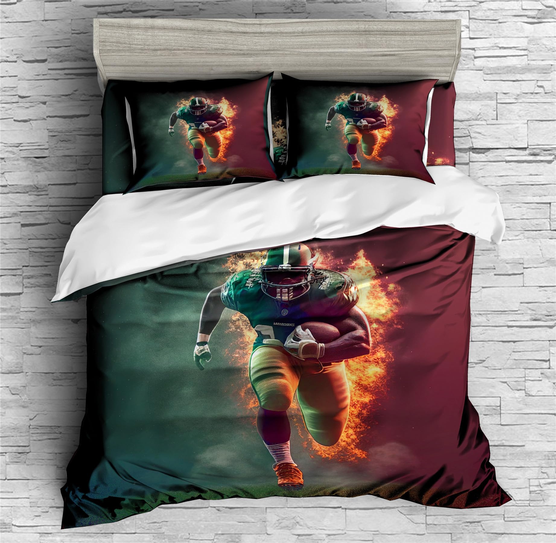 REALIN Running Rugby Player Bedding Retro Footballer Duvet Cover Set Girl Boy Kids Bed Sets 2/3/4PCS Quilt Covers/Sheets/Pillow Shams,Twin/Full/Queen/King (A,Full-200x229cm-3PCS)