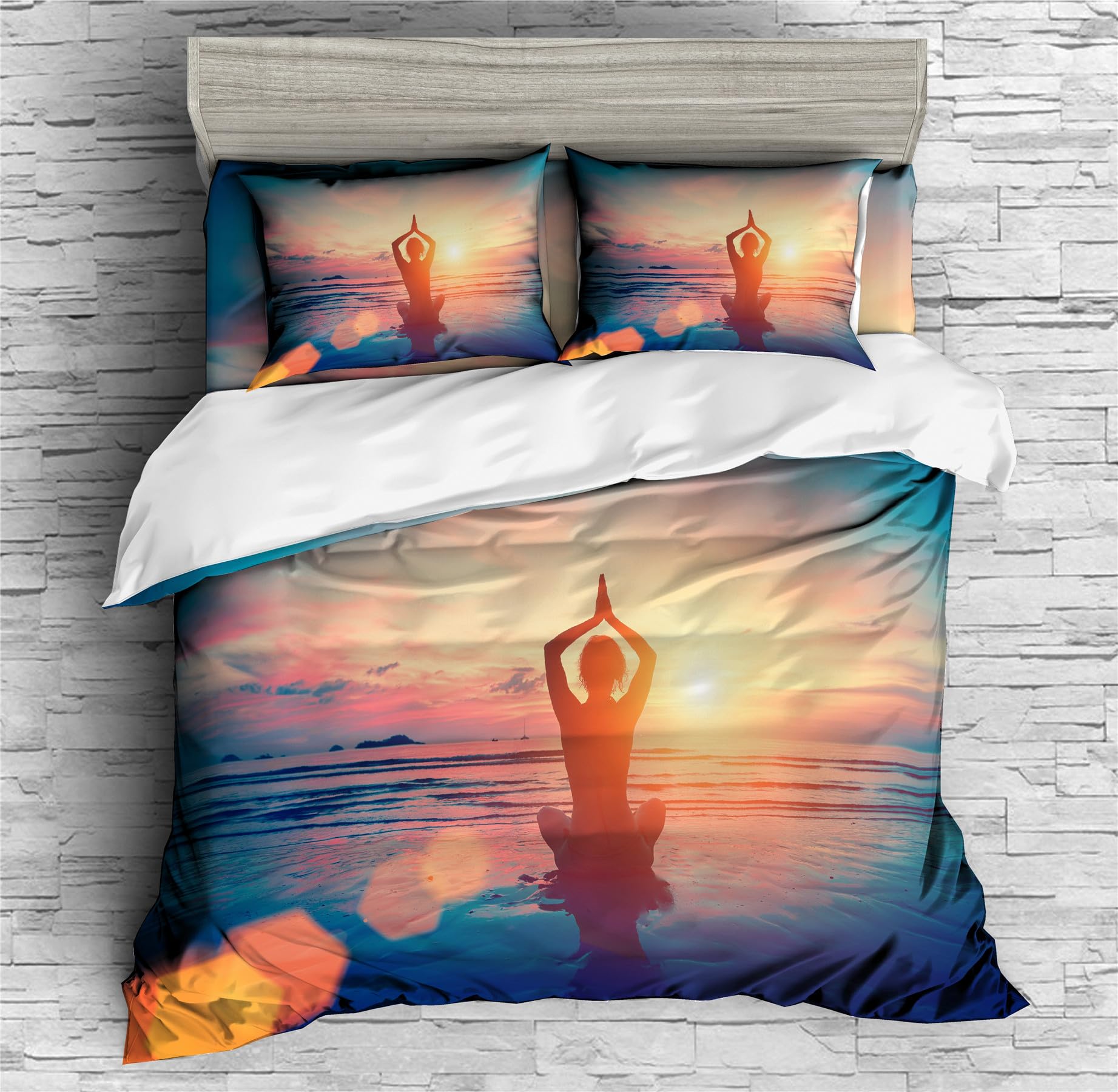 REALIN Yoga Zen Duvet Cover Set Yoga Exercise Meditation Sunset Seaside Bedding Girl Boy Kids Bed Sets 2/3/4PCS Quilt Covers/Sheets/Pillow Shams,Twin/Full/Queen/King (C,Twin-172x218cm-3PCS)