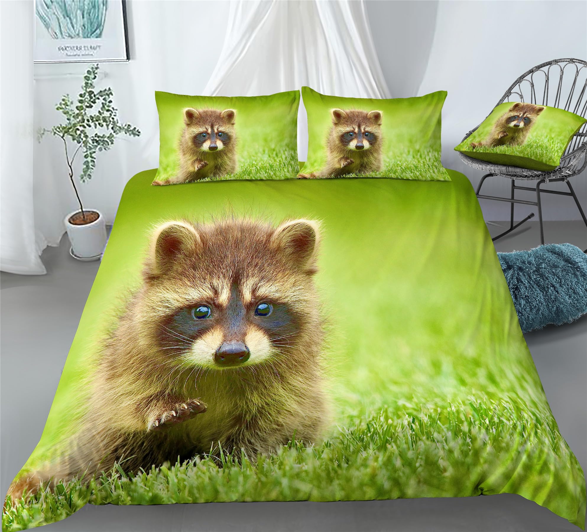 REALIN Raccoon Bedding Baby Raccoon Small Animal Jungle Duvet Cover Set Girl Boy Kids Bed Sets 2/3/4PCS Quilt Covers/Sheets/Pillow Shams,Twin/Full/Queen/King (B,Twin-172x218cm-4PCS)