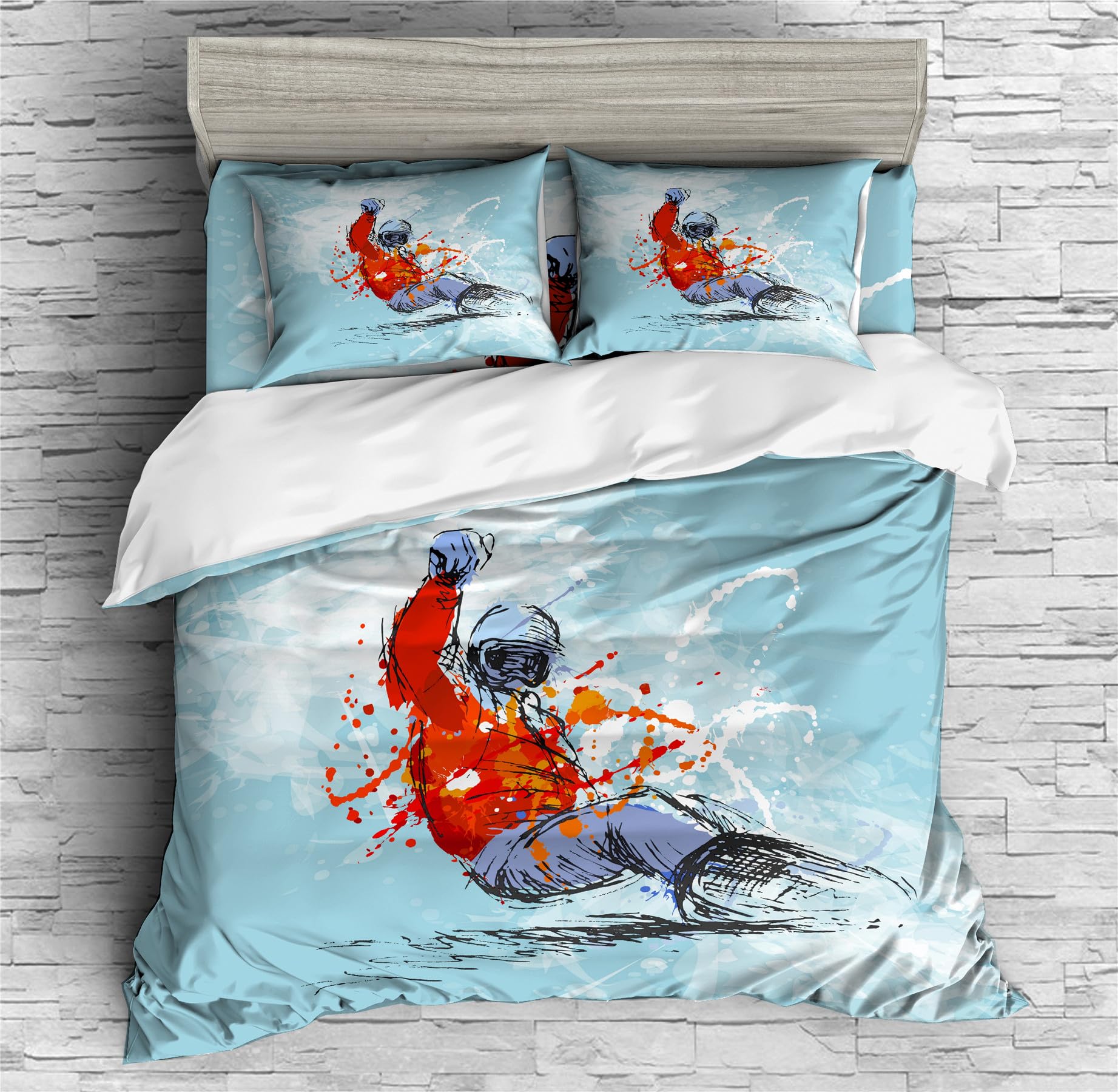 REALIN Figure Skiing Bedding Snow Peak Skiing Snowboarding Duvet Cover Set Girl Boy Kids Bed Sets 2/3/4PCS Quilt Covers/Sheets/Pillow Shams,Twin/Full/Queen/King (B,Full-200x229cm-4PCS)