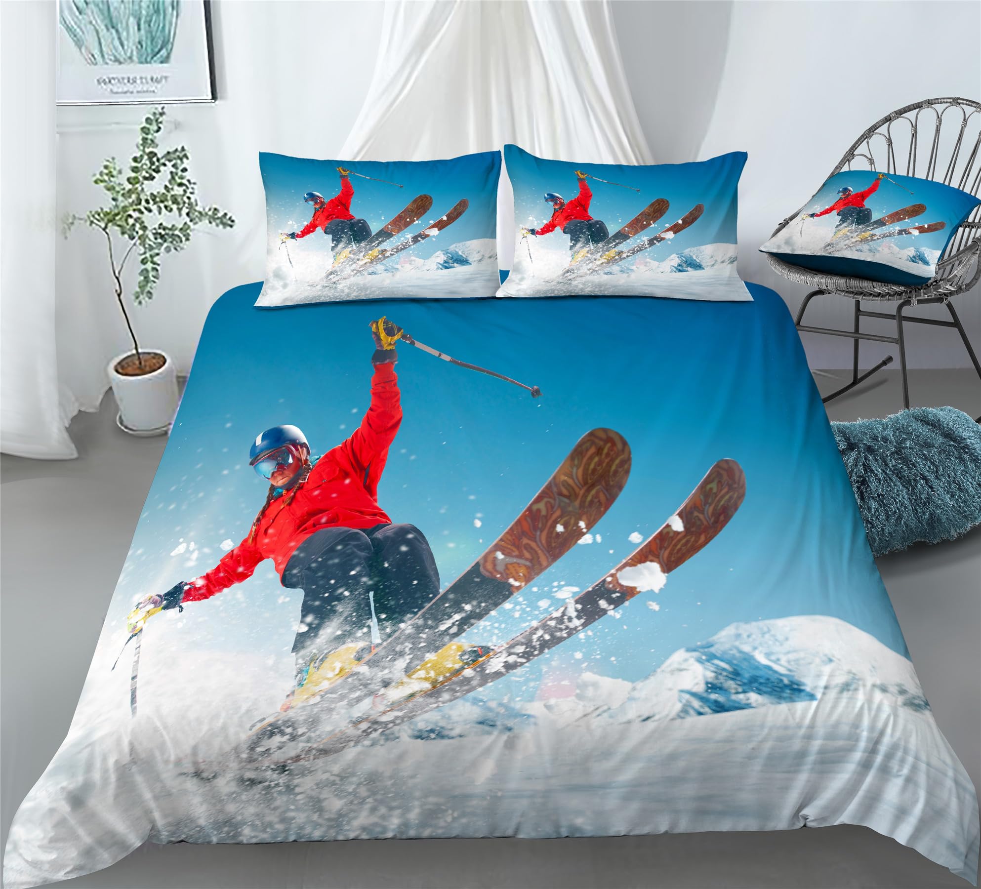 REALIN Skiing Sports Bedding Figure Skiing Snowboarding Duvet Cover Set Girl Boy Kids Bed Sets 2/3/4PCS Quilt Covers/Sheets/Pillow Shams,Twin/Full/Queen/King (B,Twin-172x218cm-3PCS)