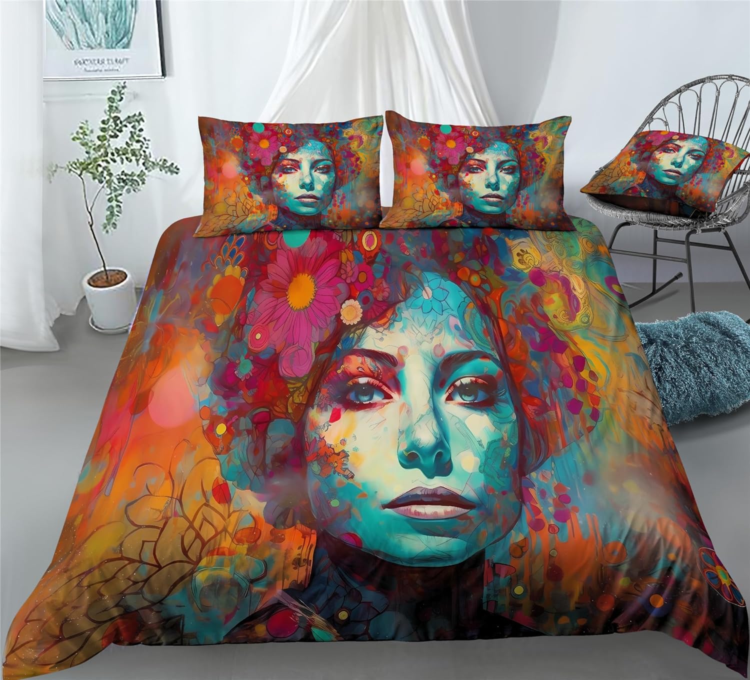 REALIN Retro Art Bedding Elegant Women Duvet Cover Set Retro POP Art Classics Women Art Bed Sets 2/3/4PCS Quilt Covers/Sheets/Pillow Shams,Twin/Full/Queen/King (A,Twin-172x218cm-3PCS)