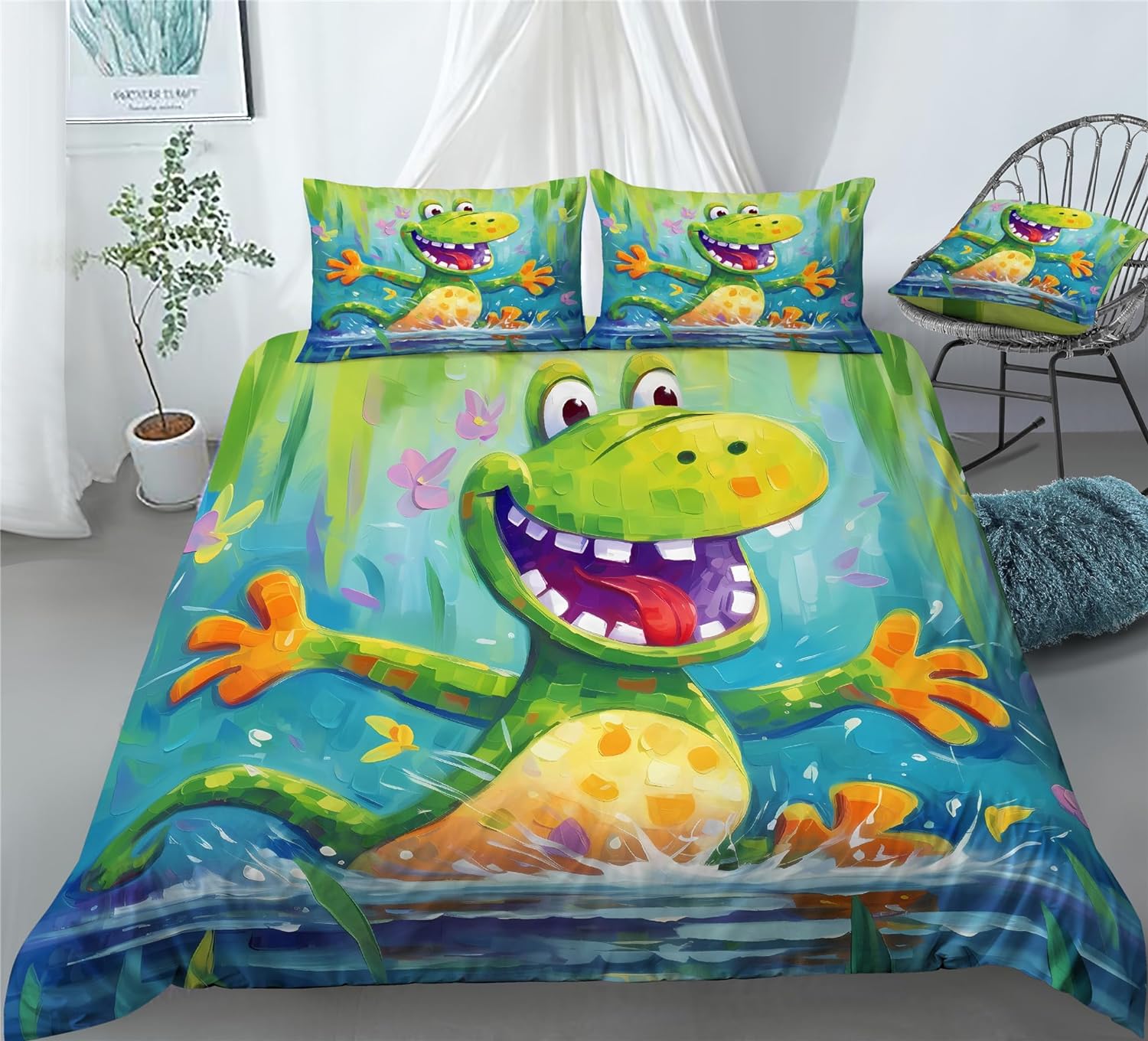 REALIN Baby Crocodile Wildlife Prints Bedding Crocodile Animal Duvet Cover Set Girl Boy Kids Bed Sets 2/3/4PCS Quilt Covers/Sheets/Pillow Shams,Twin/Full/Queen/King (C,Queen-228x228cm-4PCS)