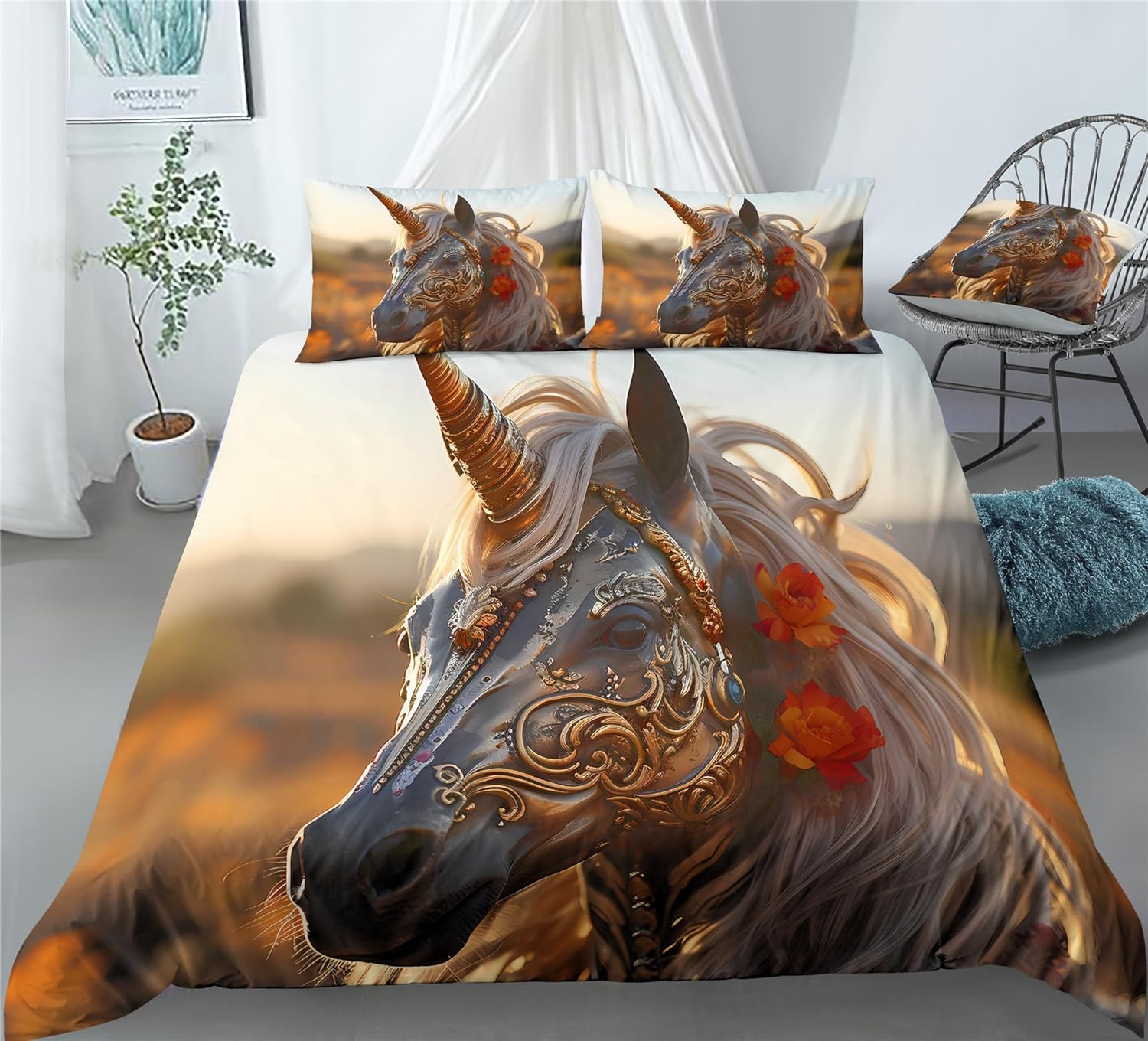 REALIN African Style Unicorns Bedding Black Unicorns Animal Duvet Cover Set Girl Boy Kids Bed Sets 2/3/4PCS Quilt Covers/Sheets/Pillow Shams,Twin/Full/Queen/King (B,Full-200x229cm-4PCS)