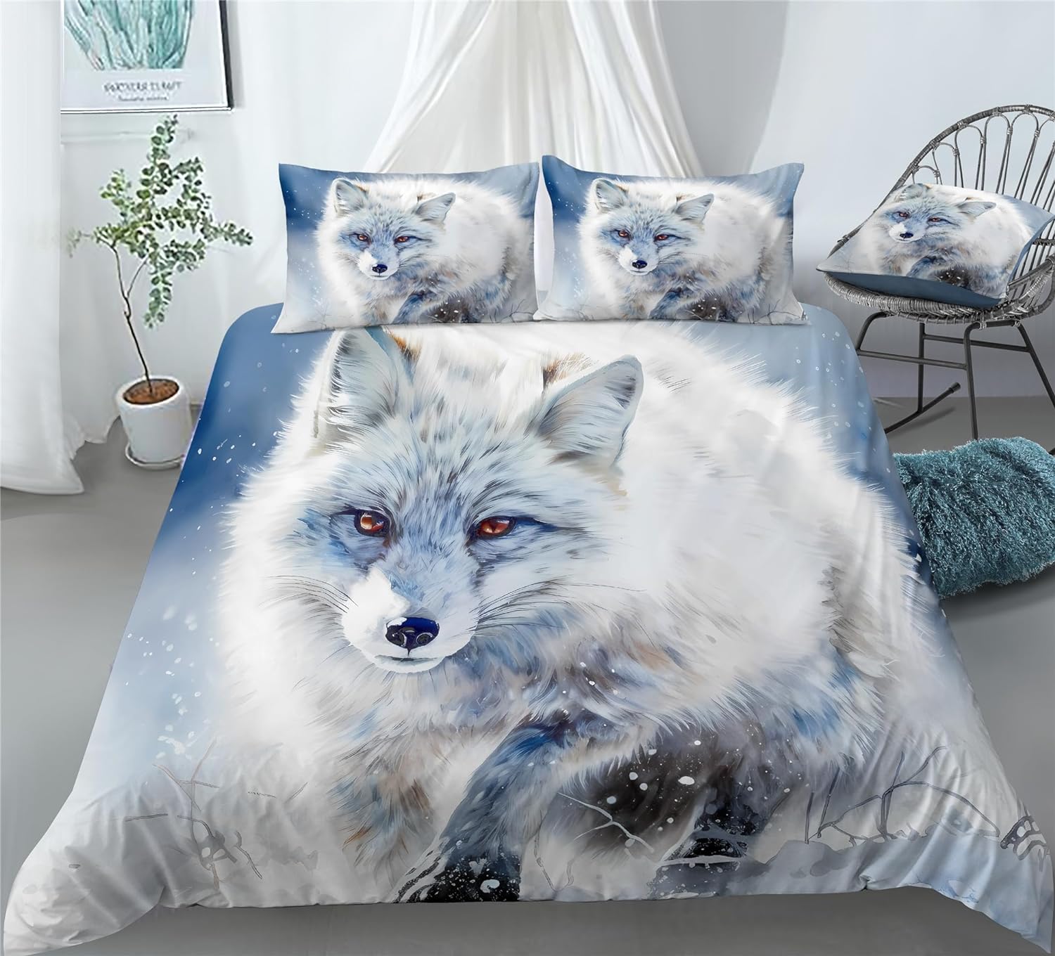 REALIN Snow Fox Animals Bedding Arctic Fox Wildlife Duvet Cover Set Girl Boy Kids Bed Sets 2/3/4PCS Quilt Covers/Sheets/Pillow Shams,Twin/Full/Queen/King (C,Queen-228x228cm-4PCS)