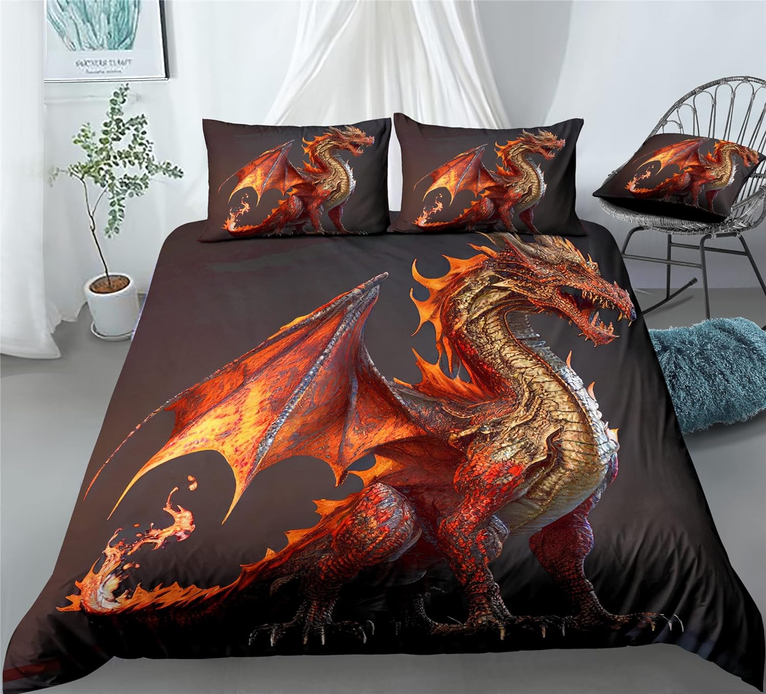 REALIN Dragon Duvet Cover Set Fire-Breathing Dragon for Boys Children Bedding Girl Boy Kids Bed Sets 2/3/4PCS Quilt Covers/Sheets/Pillow Shams,Twin/Full/Queen/King (B,Twin-172x218cm-4PCS)