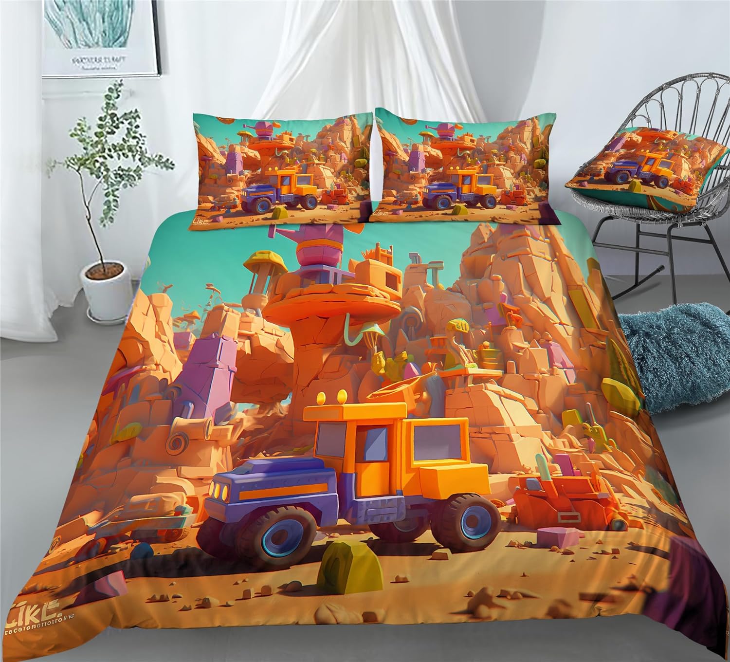 REALIN Cartoon Toys Engineering Vehicles Duvet Cover Set Excavator Bedding Girl Boy Kids Bed Sets 2/3/4PCS Quilt Covers/Sheets/Pillow Shams,Twin/Full/Queen/King (A,Queen-228x228cm-4PCS)