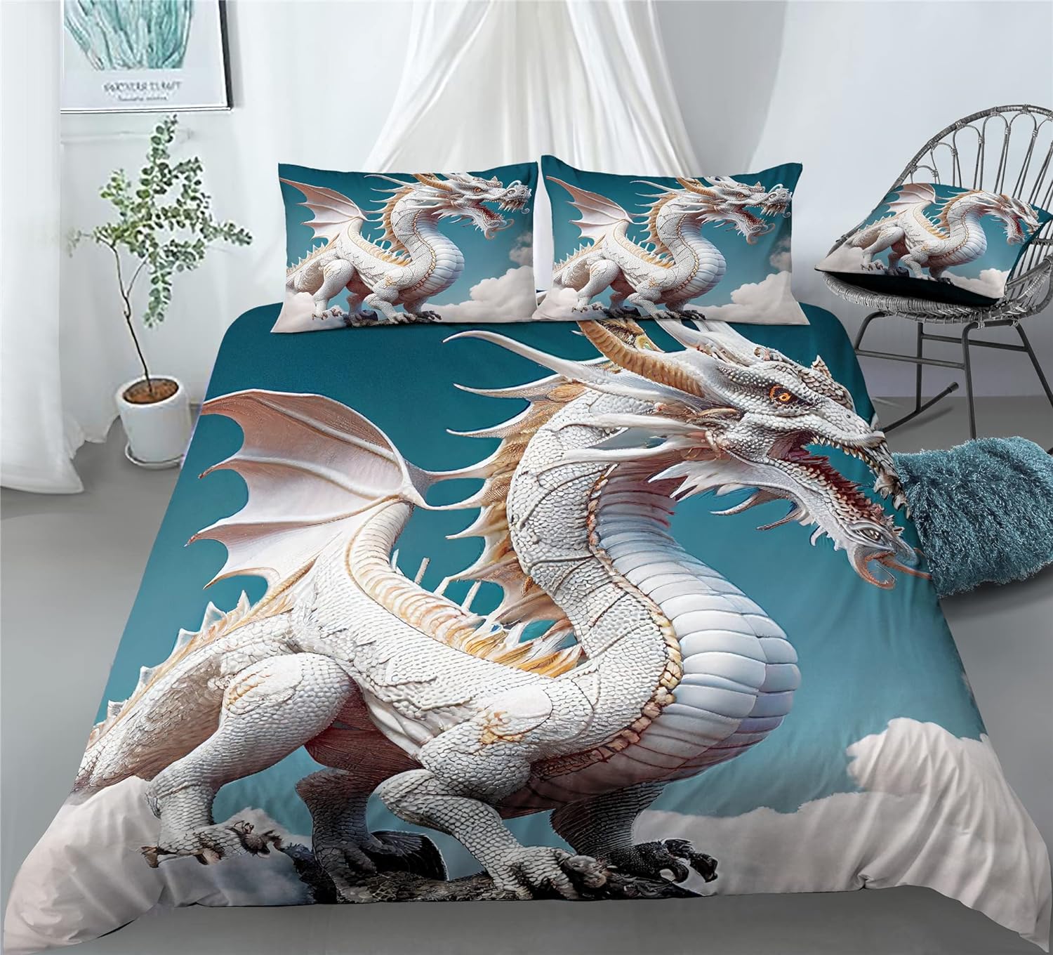 REALIN Dragon Animals Duvet Cover Set Dragon Themes Prints Boys Children Bedding Girl Boy Kids Bed Sets 2/3/4PCS Quilt Covers/Sheets/Pillow Shams,Twin/Full/Queen/King (A,King-229x259cm-3PCS)