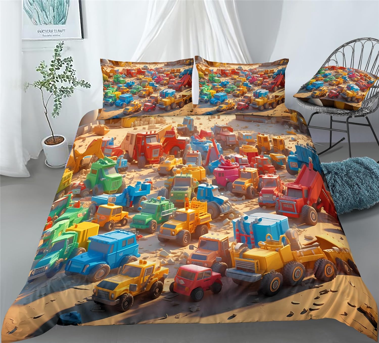 REALIN Truck Printed Duvet Cover Set Children Construction Vehicle Bedding Girl Boy Kids Bed Sets 2/3/4PCS Quilt Covers/Sheets/Pillow Shams,Twin/Full/Queen/King (C,King-229x259cm-4PCS)