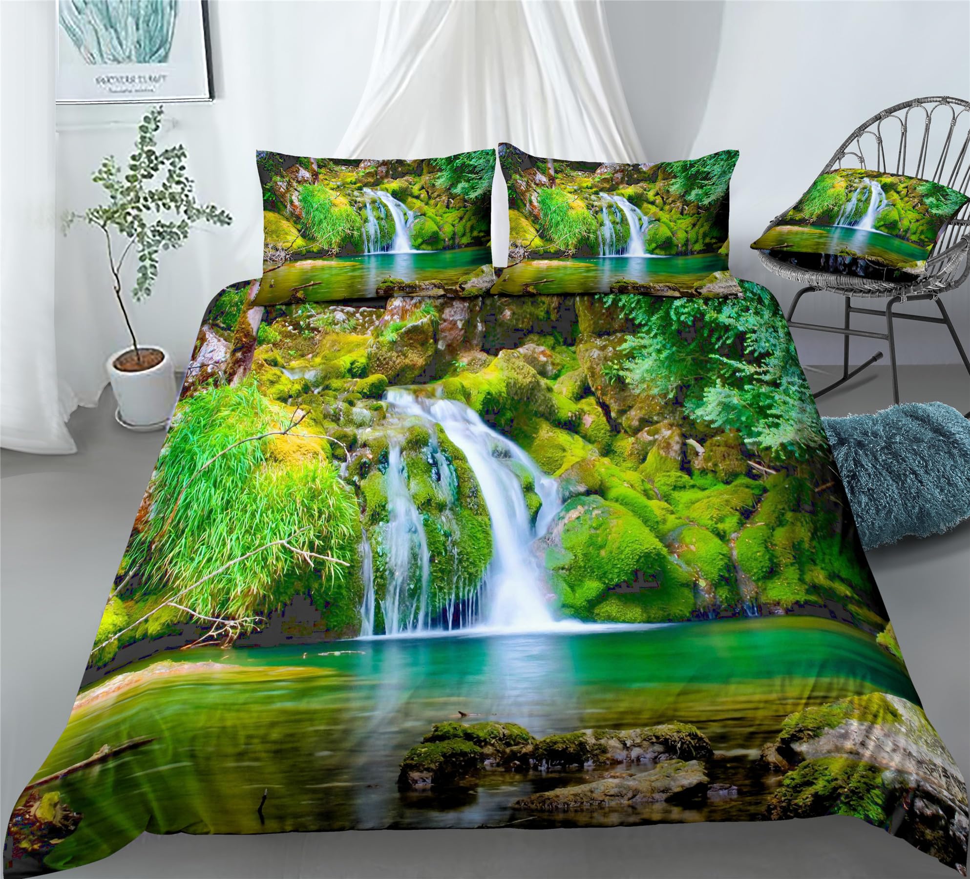 REALIN Waterfalls Woods Duvet Cover Set Wonderland Forest Fantasy Woods Bedding Girl Boy Kids Bed Sets 2/3/4PCS Quilt Covers/Sheets/Pillow Shams,Twin/Full/Queen/King (A,Full-200x229cm-4PCS)