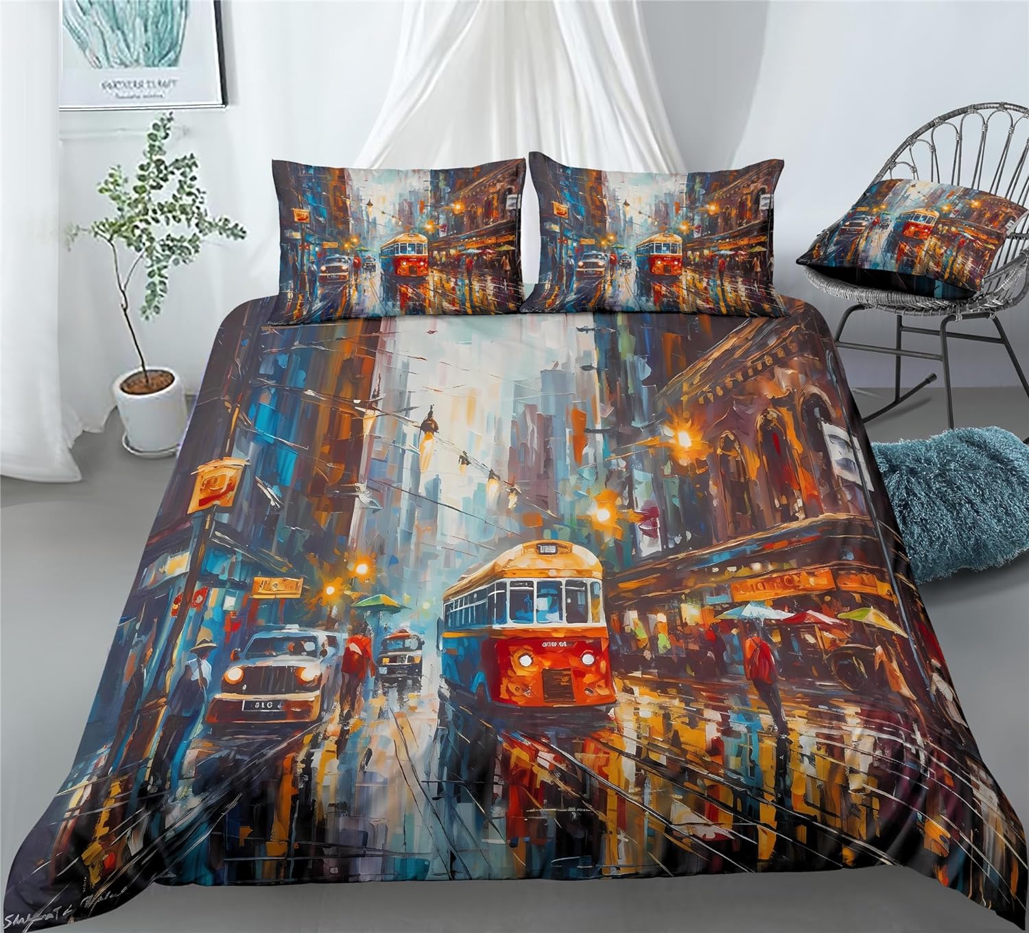REALIN Retro City Design POP Art Bedding Women Duvet Cover Set Retro POP Art Classics Women Art Bed Sets 2/3/4PCS Quilt Covers/Sheets/Pillow Shams,Twin/Full/Queen/King (A,Full-200x229cm-4PCS)