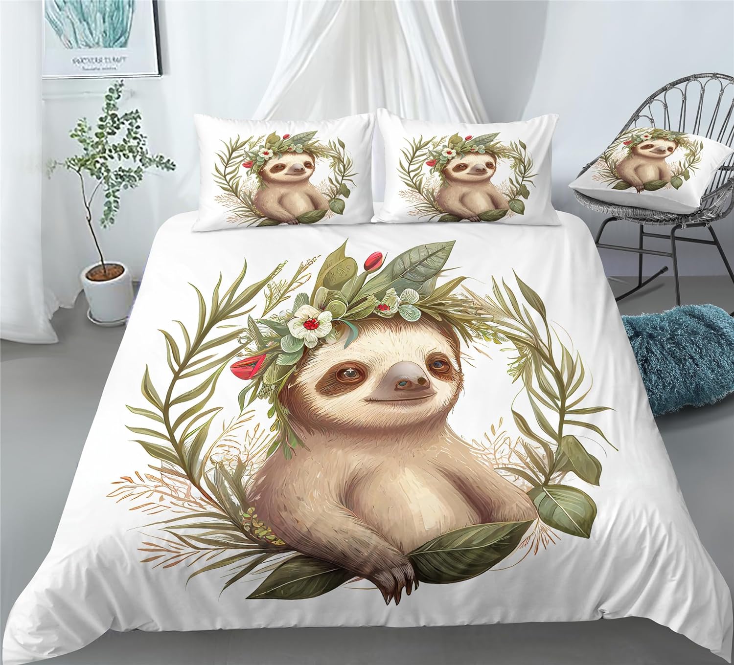 REALIN Sloth Cartoon Animals Bedding Cute Laziness Sloth Duvet Cover Set Girl Boy Kids Bed Sets 2/3/4PCS Quilt Covers/Sheets/Pillow Shams,Twin/Full/Queen/King (A,King-229x259cm-3PCS)