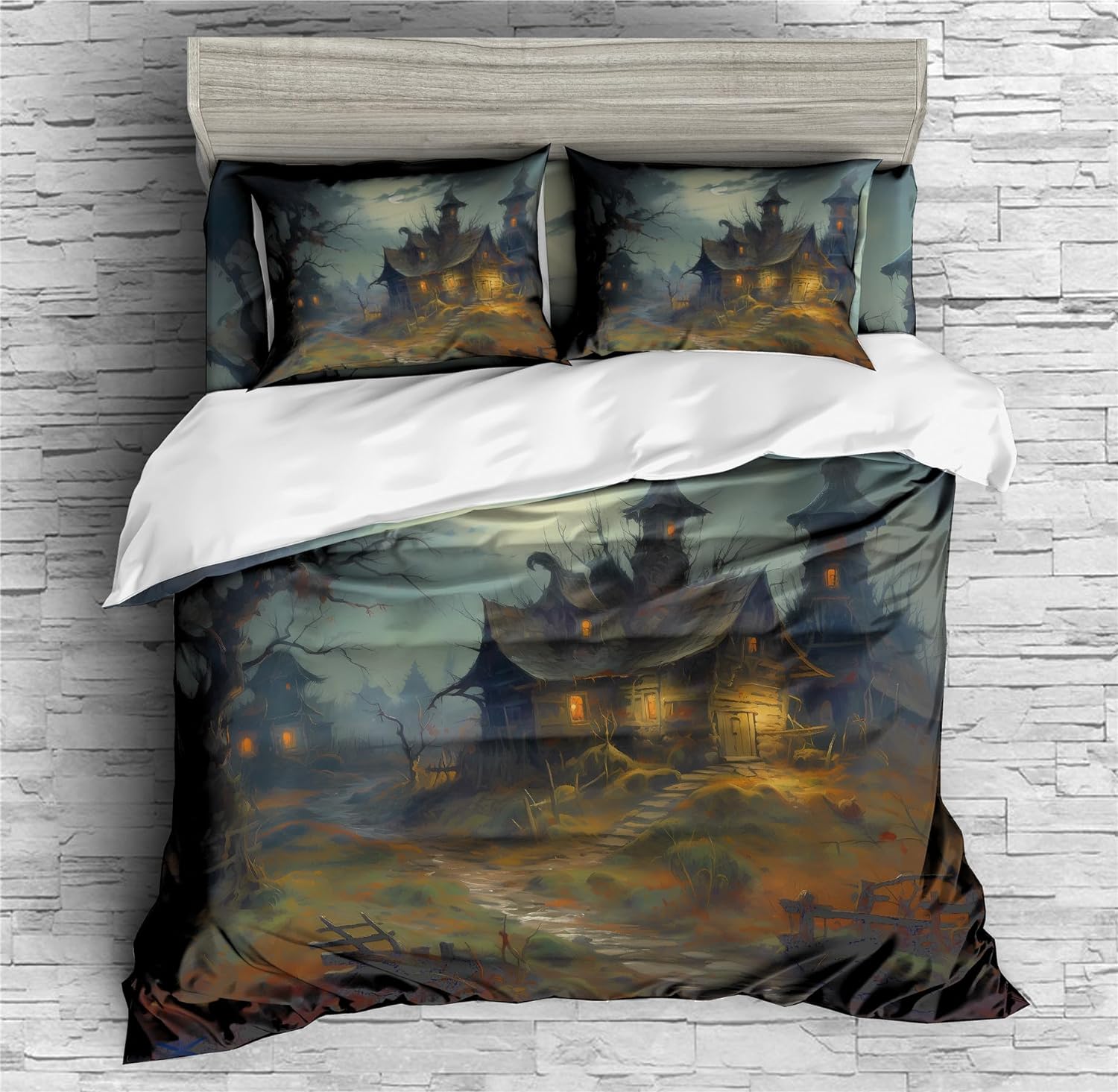 REALIN Moonlight Haunted House Bedding Horror Haunted House Duvet Cover Set Girl Boy Kids Bed Sets 2/3/4PCS Quilt Covers/Sheets/Pillow Shams,Twin/Full/Queen/King (A,Full-200x229cm-4PCS)