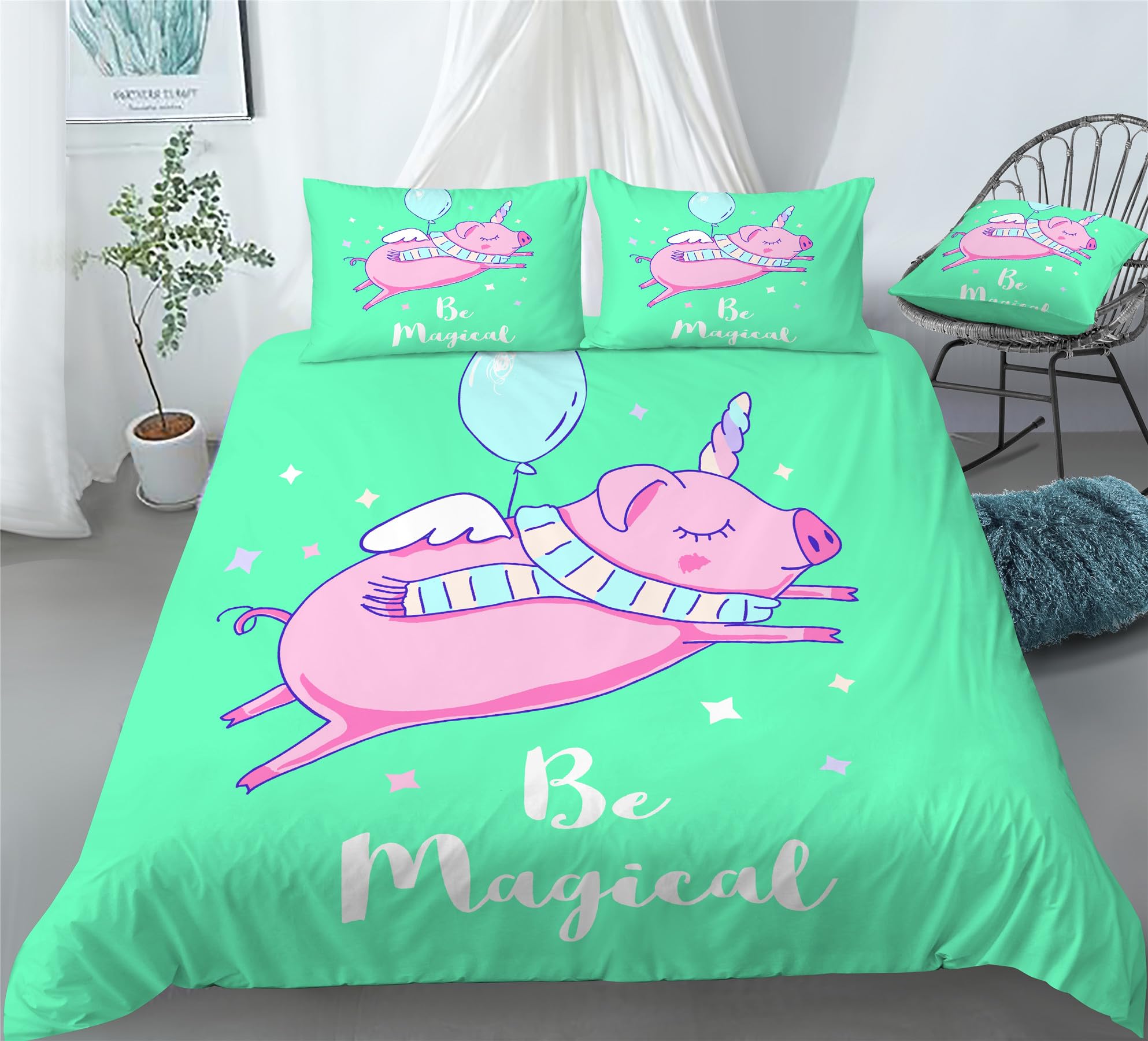 REALIN Unicorn Pig Rainbow Prints Bedding Unicorn Pig Animal Duvet Cover Set Girl Boy Kids Bed Sets 2/3/4PCS Quilt Covers/Sheets/Pillow Shams,Twin/Full/Queen/King (C,Twin-172x218cm-4PCS)