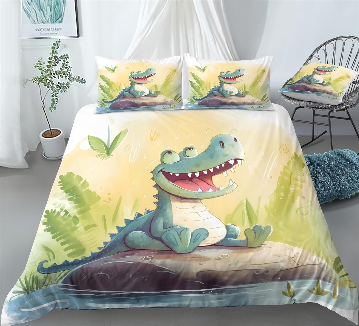 REALIN Cute Baby Crocodile Duvet Cover Set Cartoon Crocodile Wildlife Bedding Girl Boy Kids Bed Sets 2/3/4PCS Quilt Covers/Sheets/Pillow Shams,Twin/Full/Queen/King (B,Twin-172x218cm-3PCS)