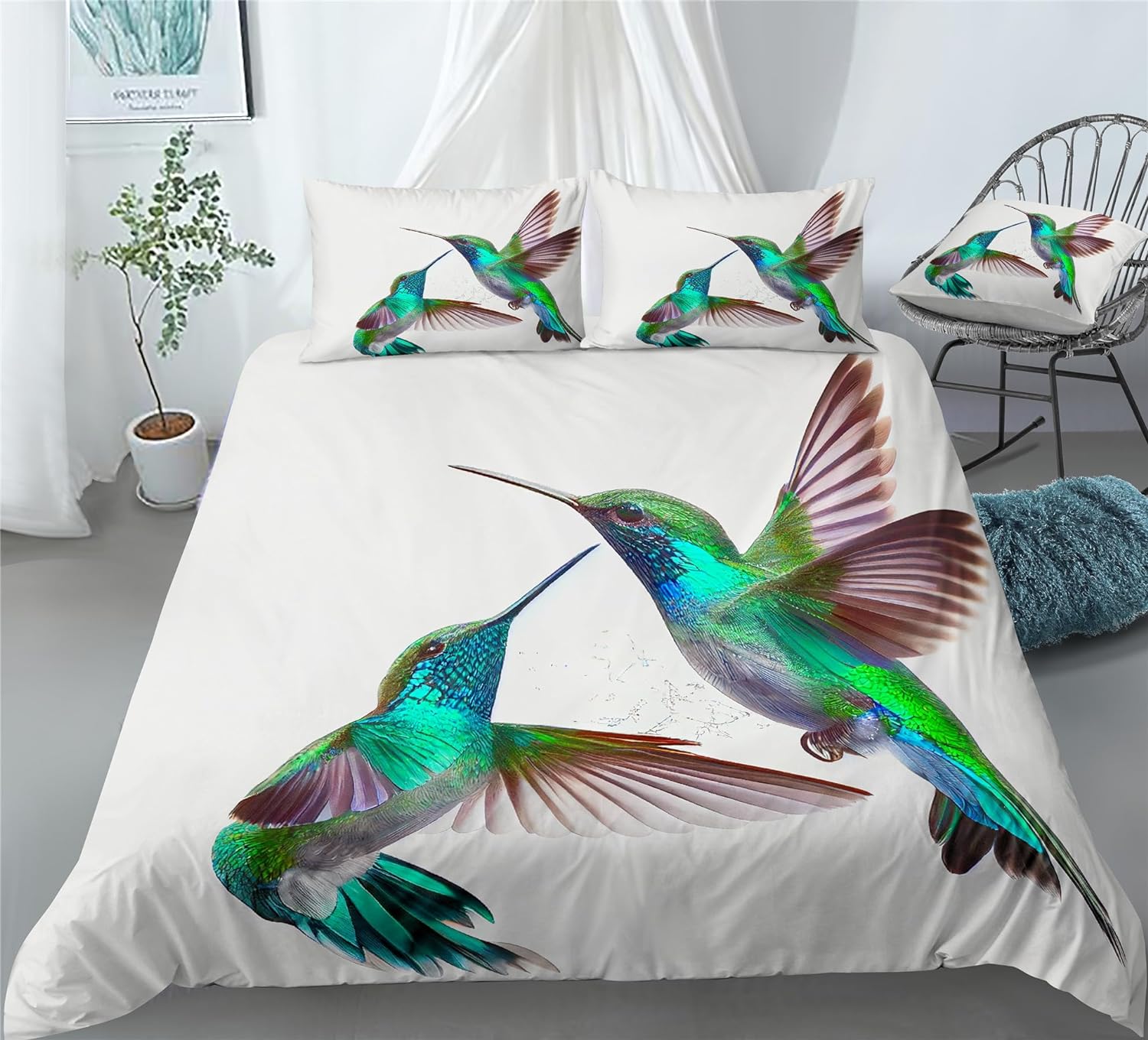 REALIN Greener Hummingbird Bedding Beautiful Hummingbird Duvet Cover Set Girl Boy Kids Bed Sets 2/3/4PCS Quilt Covers/Sheets/Pillow Shams,Twin/Full/Queen/King (A,Full-200x229cm-4PCS)