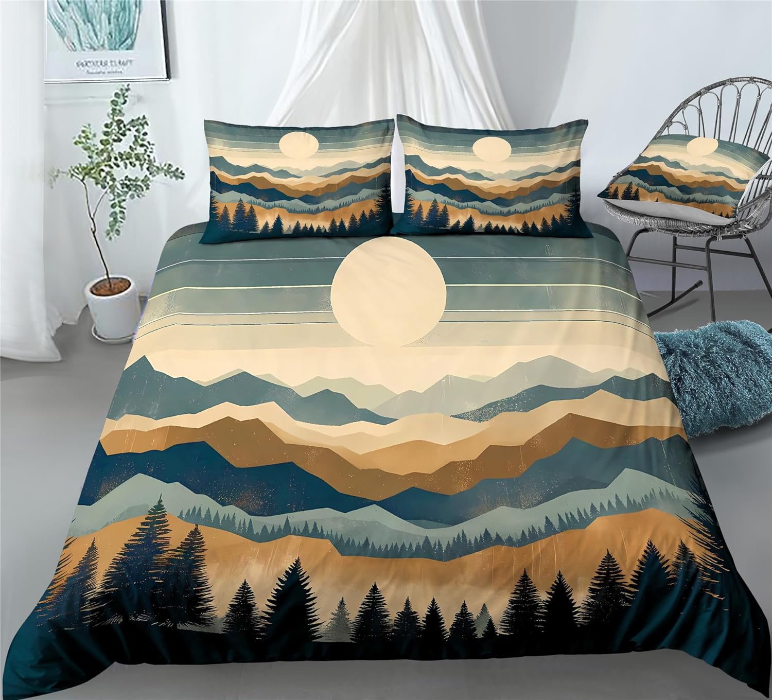 REALIN Hawthorn Duvet Cover Set 3D Bedding Japan Forest Mountain River Bed Sets 2/3/4PCS Quilt Covers/Sheets/Pillow Shams,Twin/Full/Queen/King (Queen-228x228cm-3PCS,A)