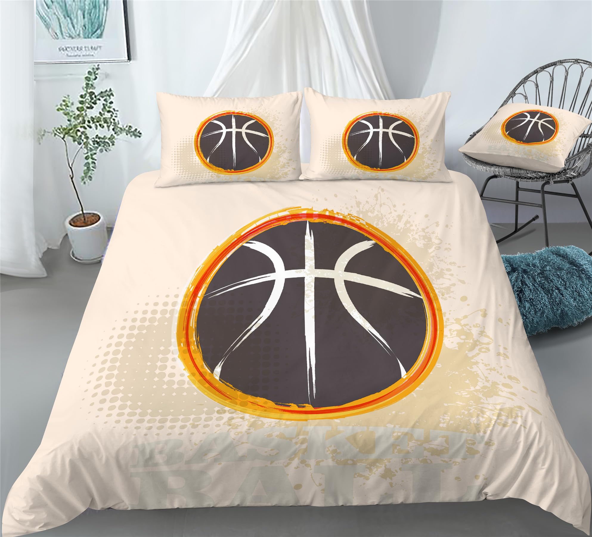 REALIN Basketball Cartoon Basketball Bedding Basketball Slogans Duvet Cover Set Girl Boy Kids Bed Sets 2/3/4PCS Quilt Covers/Sheets/Pillow Shams,Twin/Full/Queen/King (B,Queen-228x228cm-3PCS)