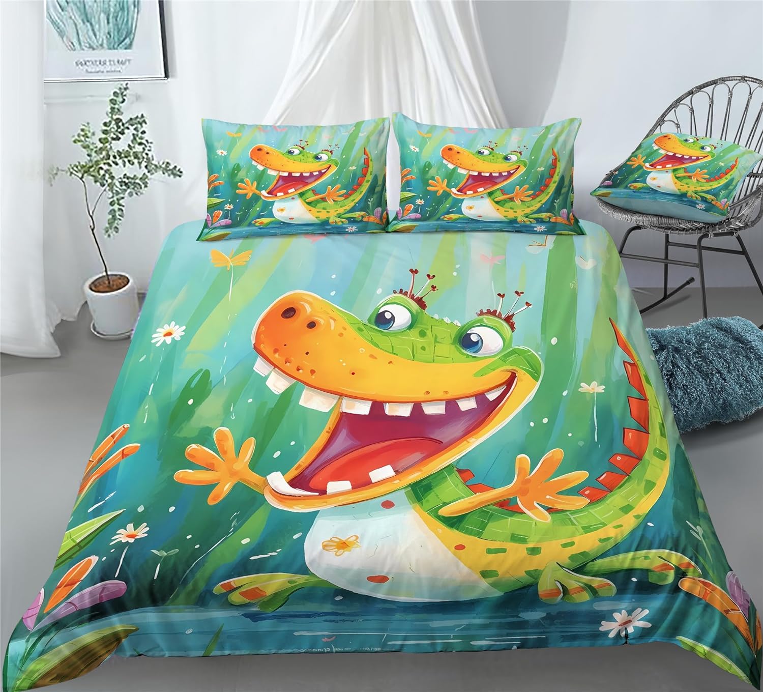 REALIN Cute Baby Crocodile Duvet Cover Set Cartoon Crocodile Wildlife Bedding Girl Boy Kids Bed Sets 2/3/4PCS Quilt Covers/Sheets/Pillow Shams,Twin/Full/Queen/King (B,Twin-172x218cm-3PCS)