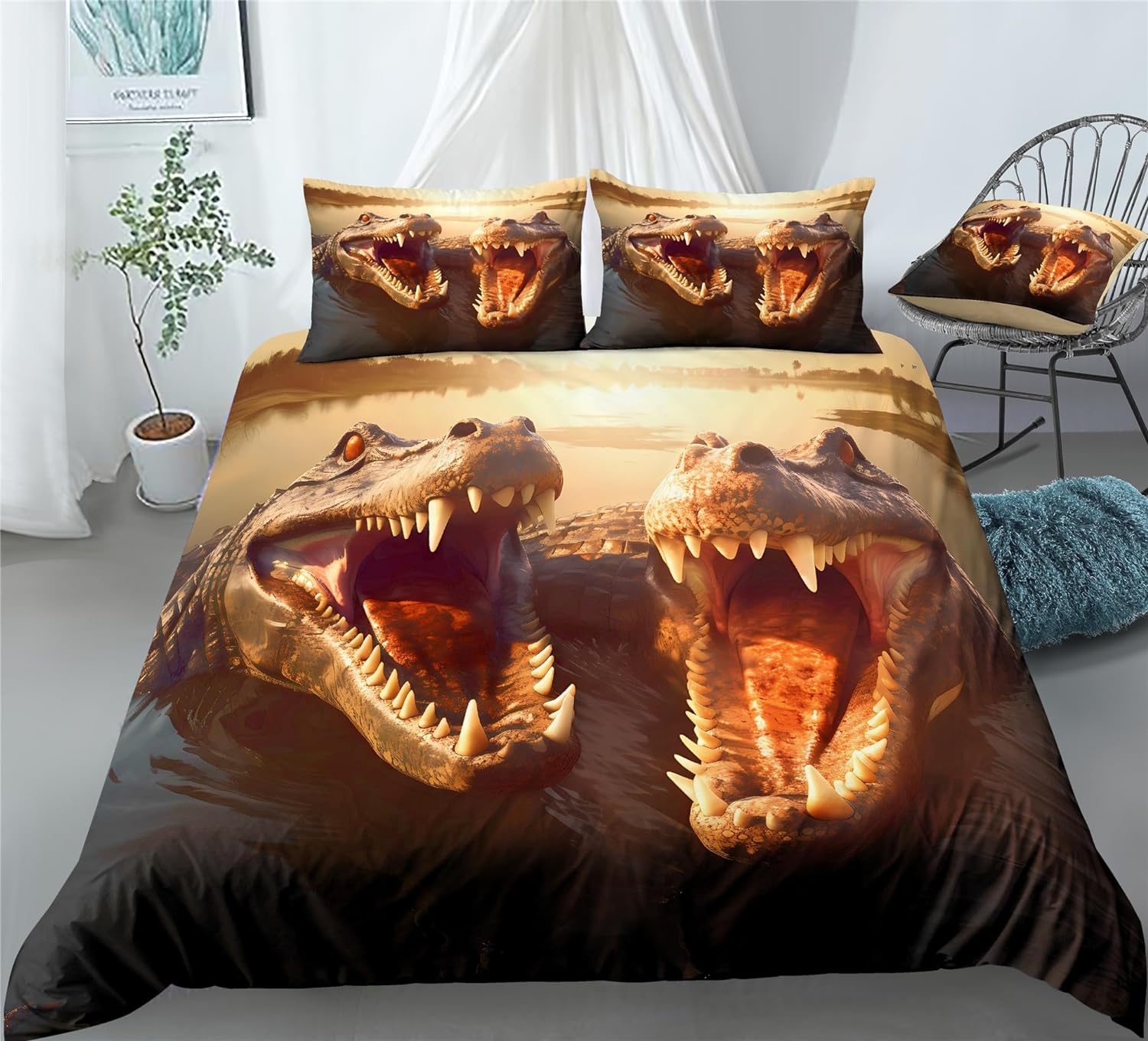 REALIN Retro Hand-Painted Crocodile Animal Duvet Cover Set Crocodile Bedding Girl Boy Kids Bed Sets 2/3/4PCS Quilt Covers/Sheets/Pillow Shams,Twin/Full/Queen/King (C,Queen-228x228cm-3PCS)