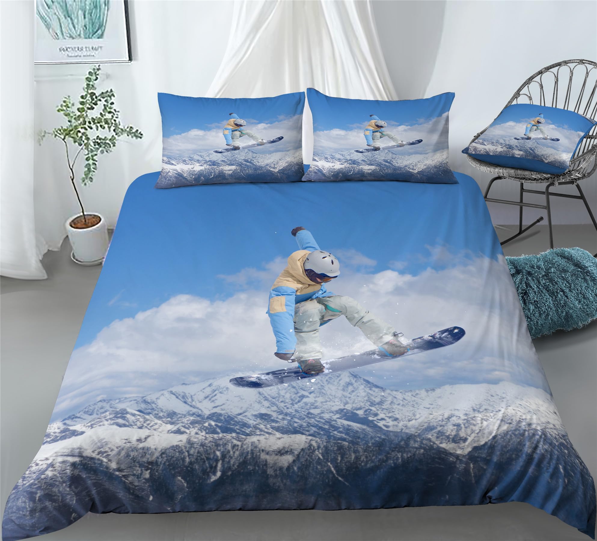 REALIN Snowboarding Snow Mountain Bedding Skiing Snowy Peaks Duvet Cover Set Girl Boy Kids Bed Sets 2/3/4PCS Quilt Covers/Sheets/Pillow Shams,Twin/Full/Queen/King (C,Twin-172x218cm-4PCS)