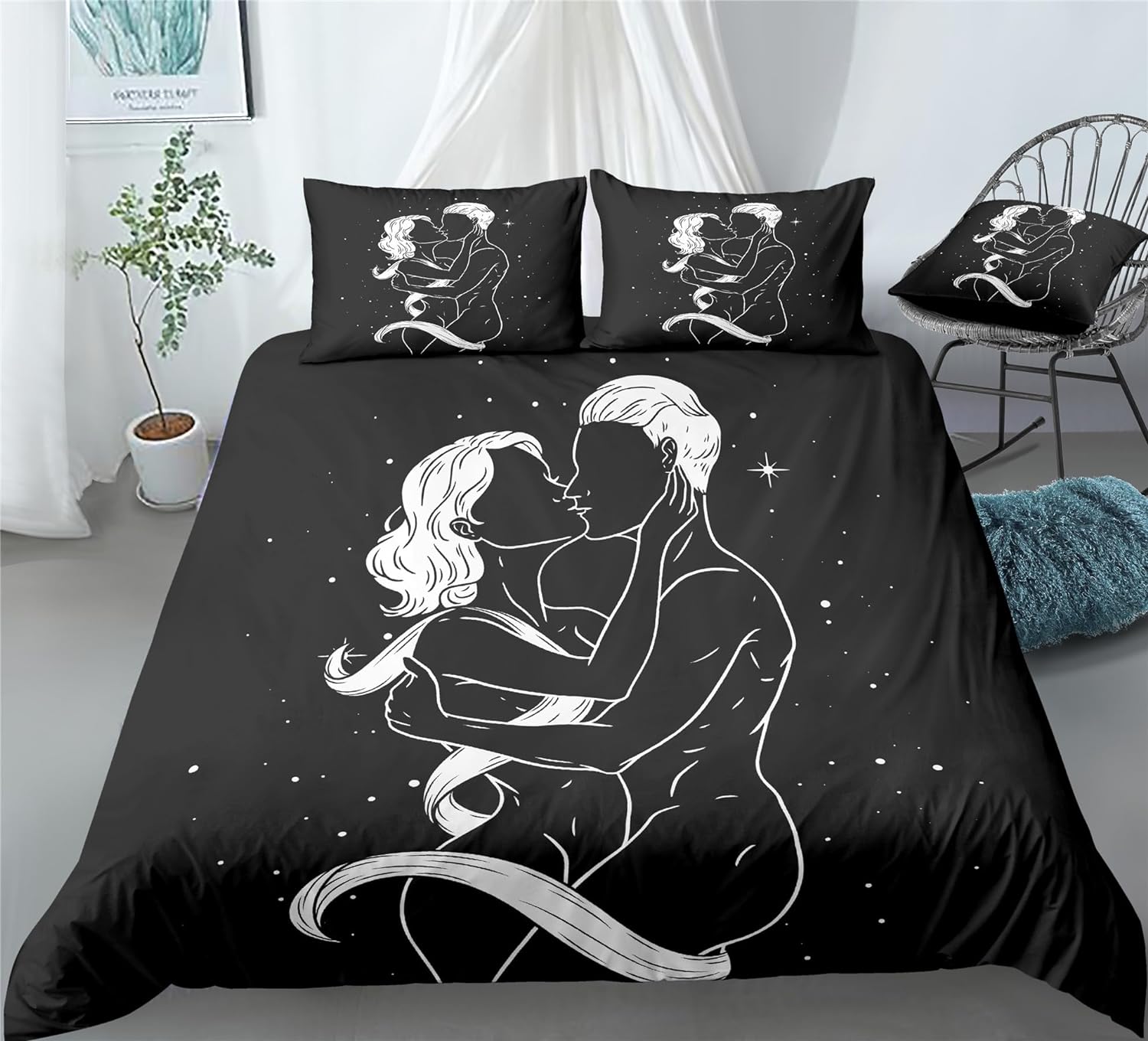 REALIN Passionate Couple Bedding Funny Love Warm Couple Duvet Cover Set Girl Boy Kids Bed Sets 2/3/4PCS Quilt Covers/Sheets/Pillow Shams,Twin/Full/Queen/King (B,King-229x259cm-3PCS)