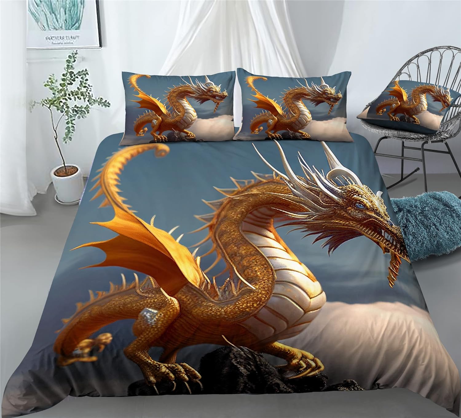 REALIN Dragon Animals Duvet Cover Set Dragon Themes Prints Boys Children Bedding Girl Boy Kids Bed Sets 2/3/4PCS Quilt Covers/Sheets/Pillow Shams,Twin/Full/Queen/King (A,King-229x259cm-3PCS)