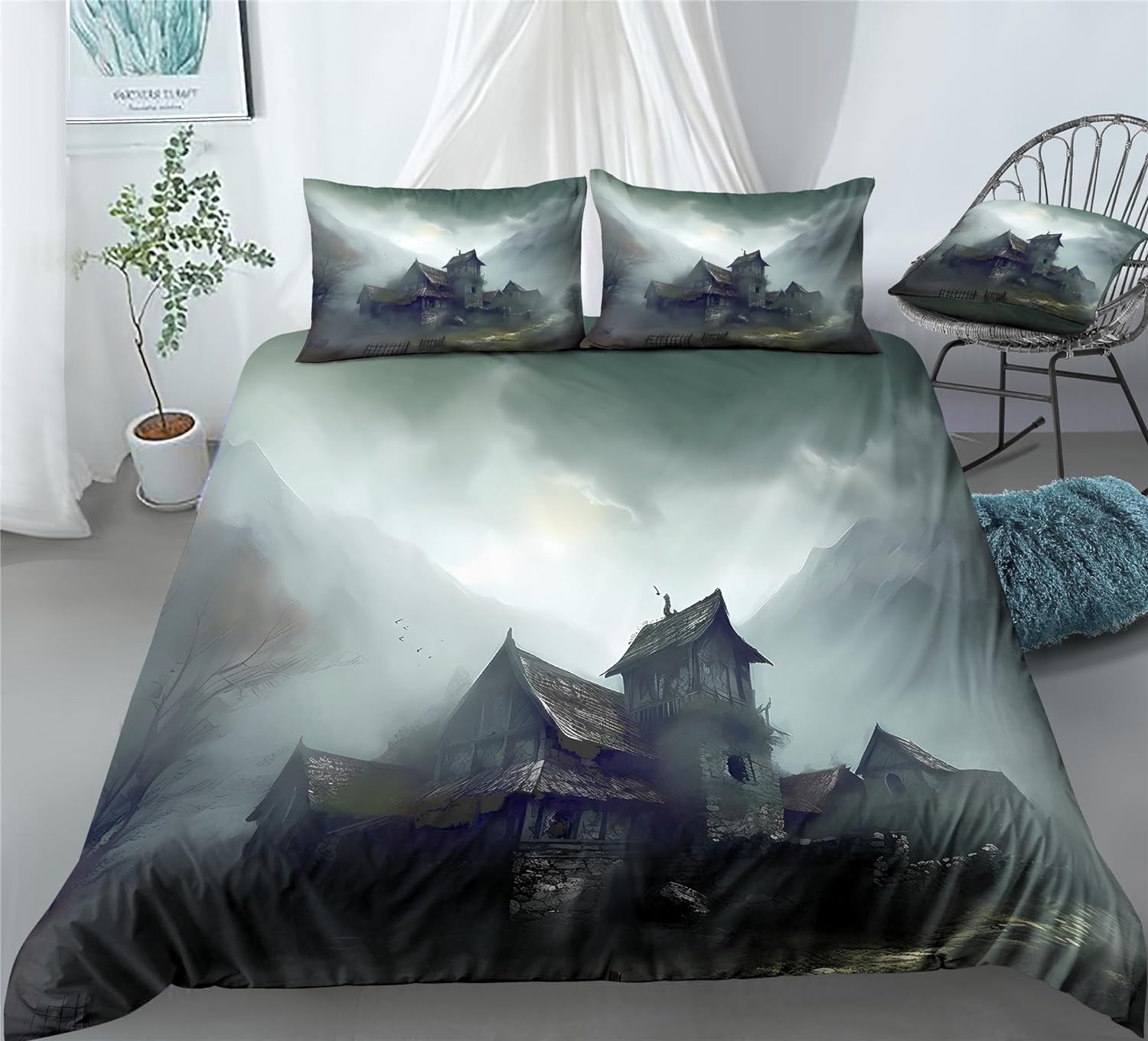 REALIN Haunted House Bedding Halloween Scary Tombstone Duvet Cover Set Girl Boy Kids Bed Sets 2/3/4PCS Quilt Covers/Sheets/Pillow Shams,Twin/Full/Queen/King (B,Full-200x229cm-4PCS)