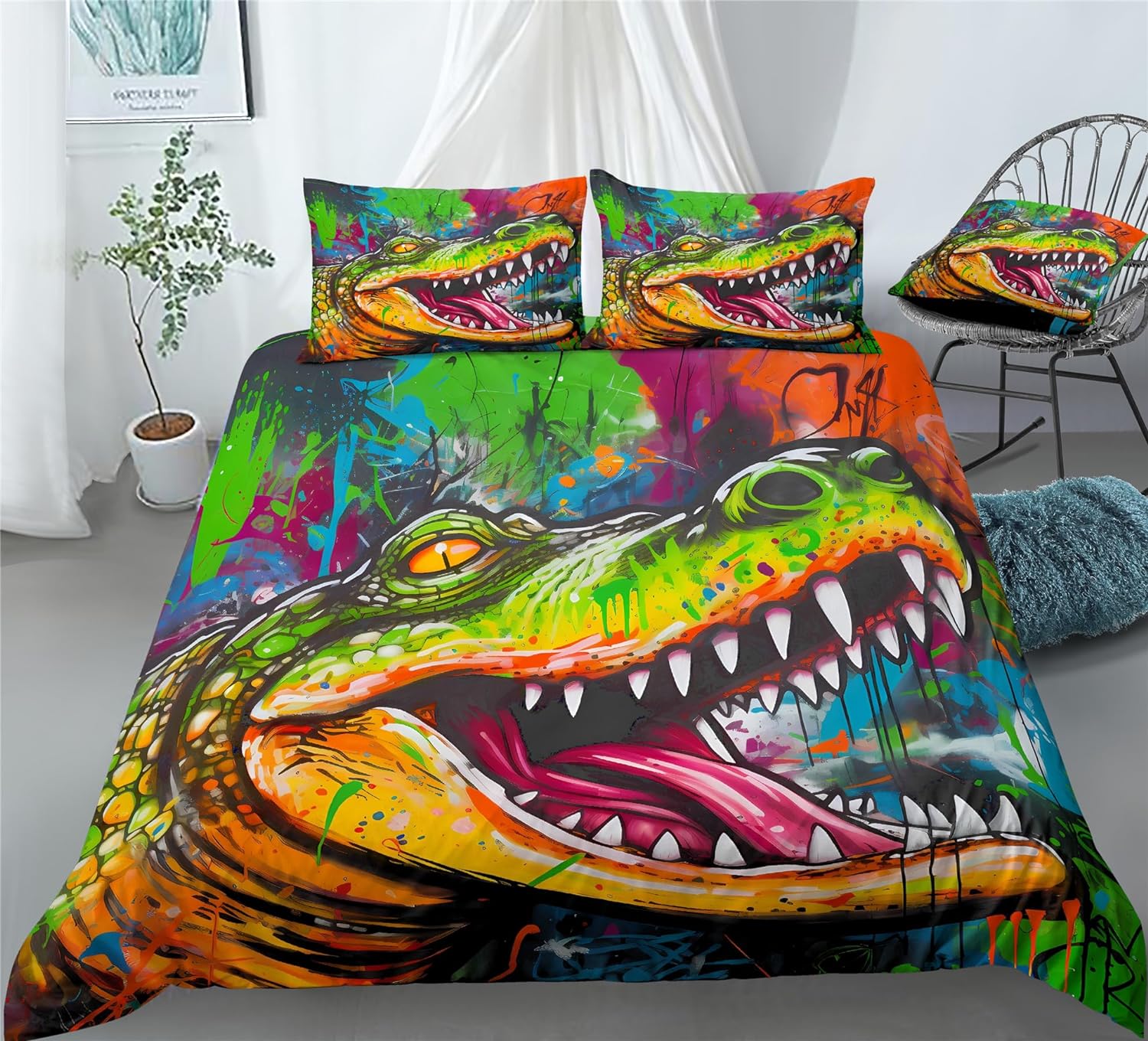 REALIN Crocodiles Animals Bedding Fierce Animals Crocodile Prints Duvet Cover Set Girl Boy Kids Bed Sets 2/3/4PCS Quilt Covers/Sheets/Pillow Shams,Twin/Full/Queen/King (B,Full-200x229cm-3PCS)