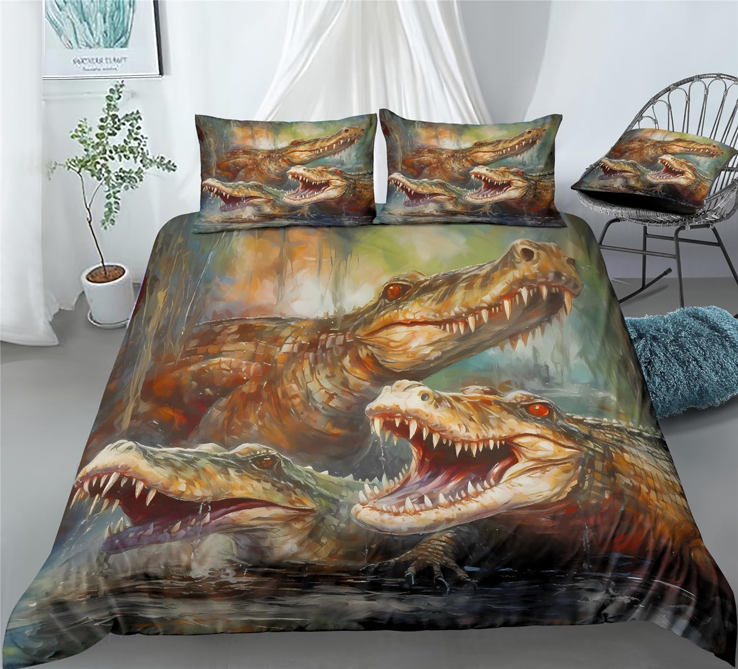 REALIN Crocodile Bedding Crocodile Opening Its Bloody Mouth Duvet Cover Set Girl Boy Kids Bed Sets 2/3/4PCS Quilt Covers/Sheets/Pillow Shams,Twin/Full/Queen/King (B,Twin-172x218cm-4PCS)