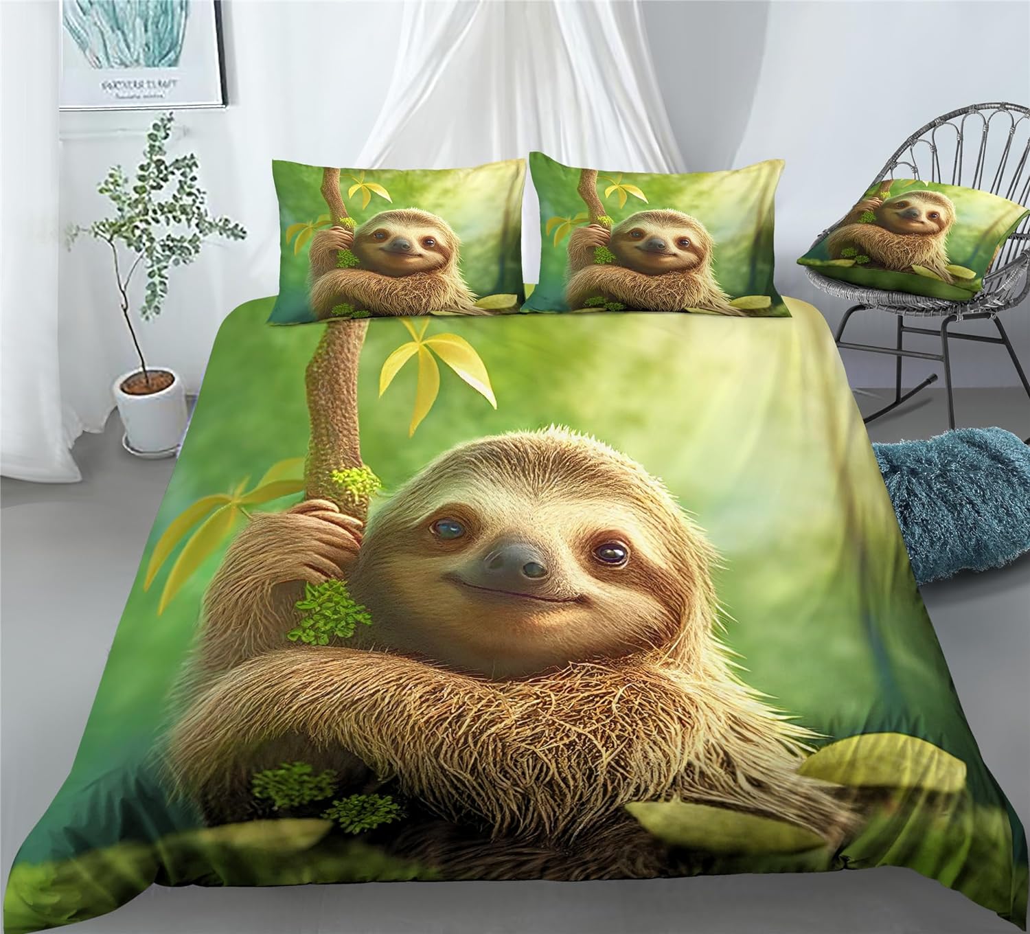 REALIN Sloth Cartoon Animals Bedding Cute Laziness Sloth Duvet Cover Set Girl Boy Kids Bed Sets 2/3/4PCS Quilt Covers/Sheets/Pillow Shams,Twin/Full/Queen/King (A,King-229x259cm-3PCS)