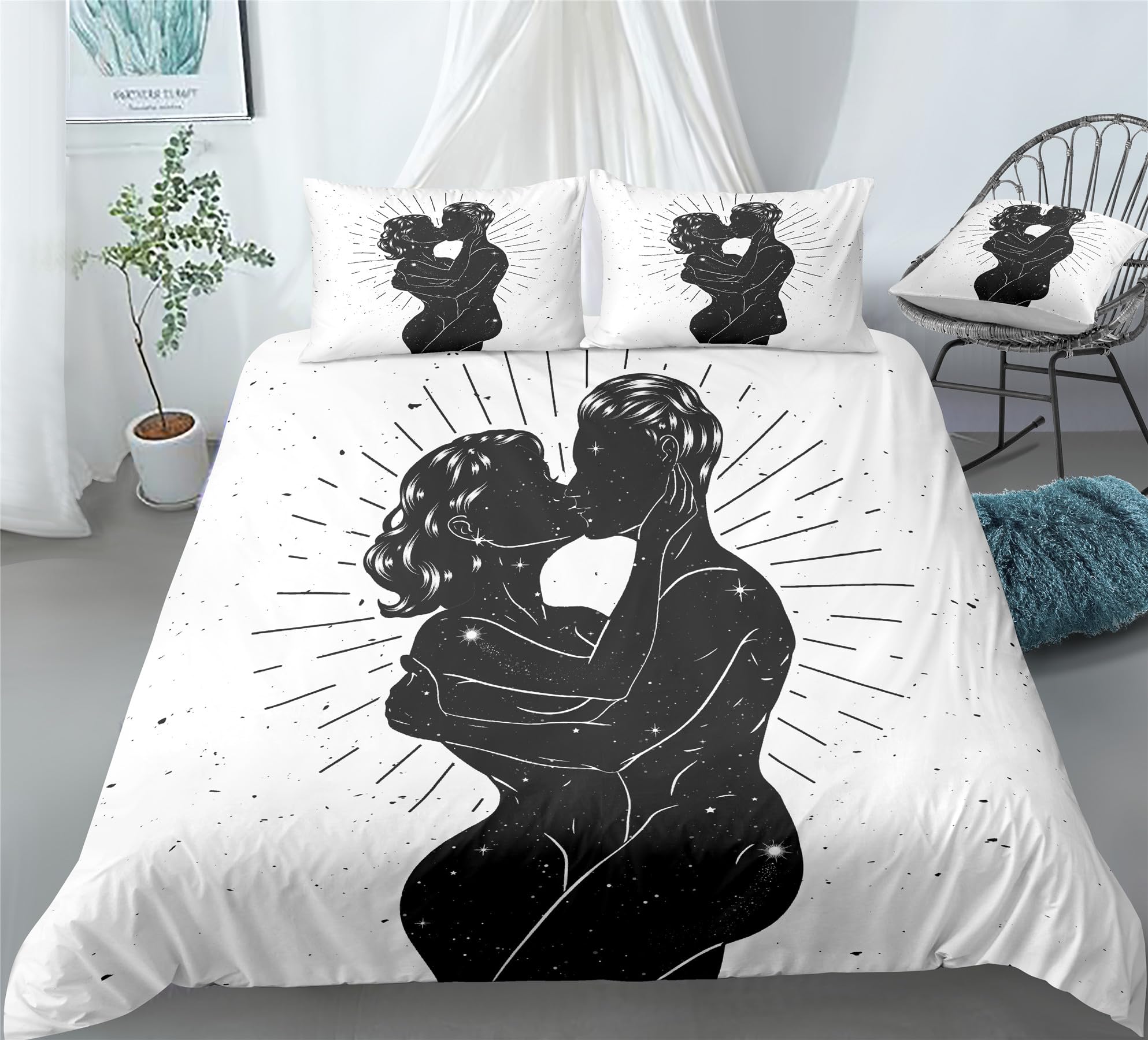 REALIN Sweet Couple Love Bedding Love Couple Passion Duvet Cover Set Girl Boy Kids Bed Sets 2/3/4PCS Quilt Covers/Sheets/Pillow Shams,Twin/Full/Queen/King (C,Full-200x229cm-4PCS)