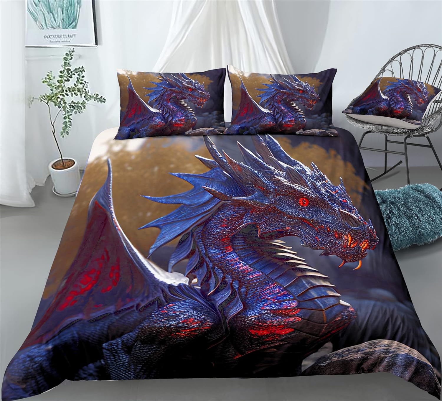 REALIN Dragon Duvet Cover Set Fire-Breathing Dragon for Boys Children Bedding Girl Boy Kids Bed Sets 2/3/4PCS Quilt Covers/Sheets/Pillow Shams,Twin/Full/Queen/King (B,Twin-172x218cm-4PCS)