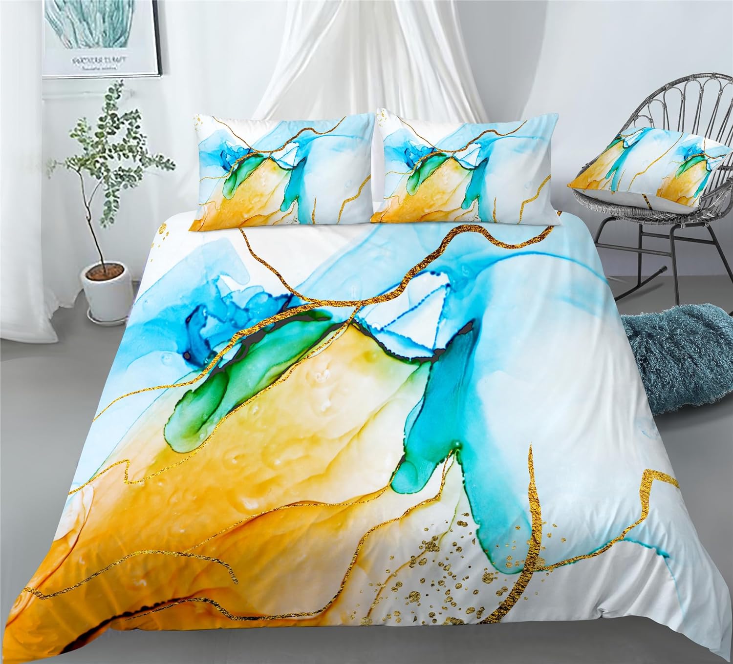 REALIN Marble Prints Duvet Cover Set Color Swirl Marble Prints Bedding Girl Boy Kids Bed Sets 2/3/4PCS Quilt Covers/Sheets/Pillow Shams,Twin/Full/Queen/King (B,Twin-172x218cm-4PCS)